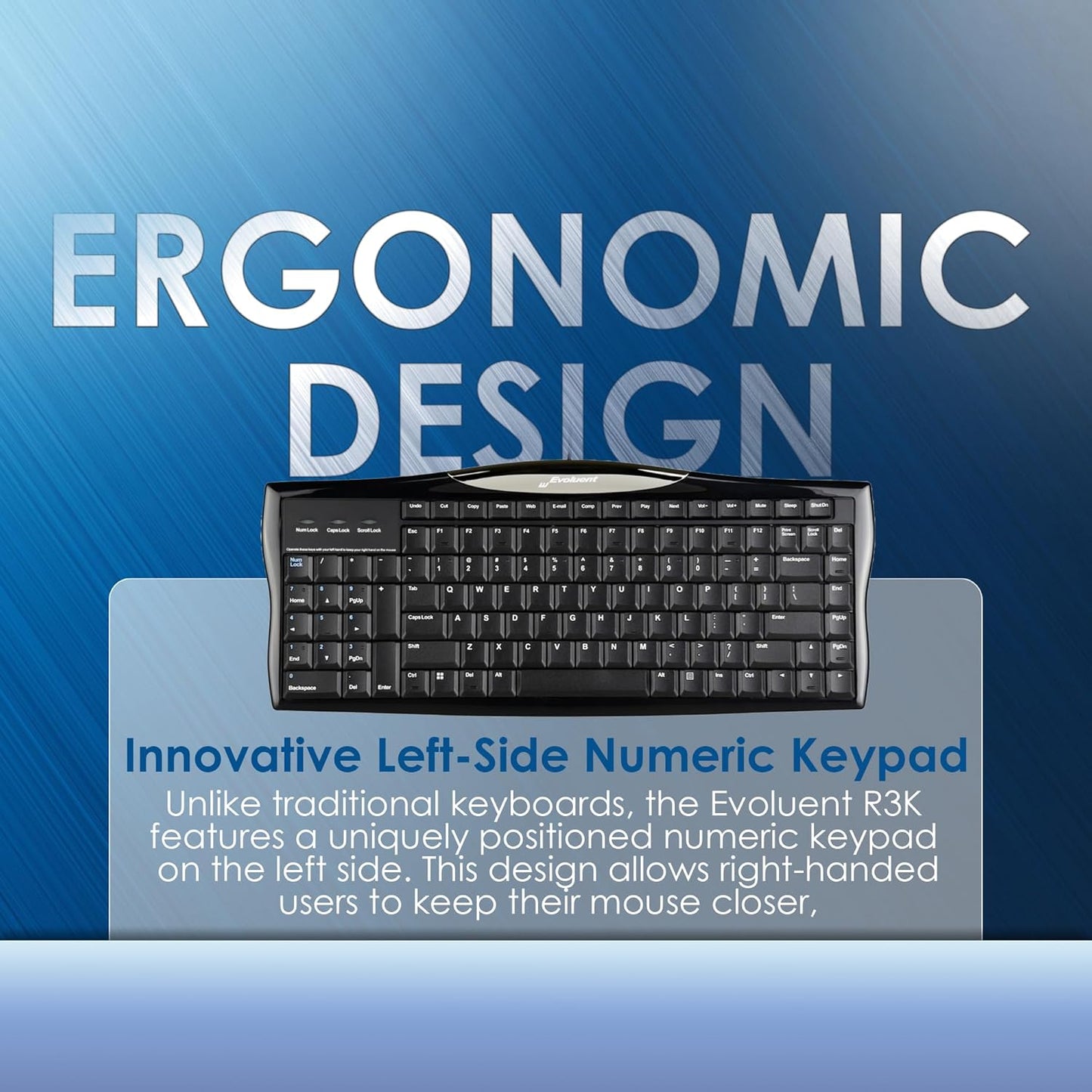 Evoluent R3K Reduced Reach Right-Hand Keyboard – Wired USB Compact with Numeric Pad, Ergonomic Computer Keyboards for Comfortable Typing, Black Full-Size PC Keyboard with One-Touch Shortcut Keys