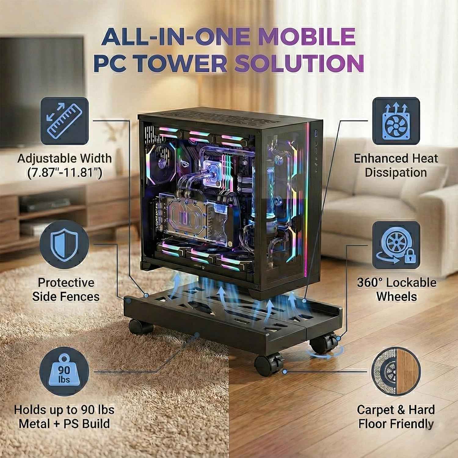 Adjustable Mobile CPU Stand with 4 Caster Wheels - Ventilated Tower Stand, Fits Most PCs - Under Desk CPU Holder, PC Floor Cart, Riser for Gamers and Students (Black)
