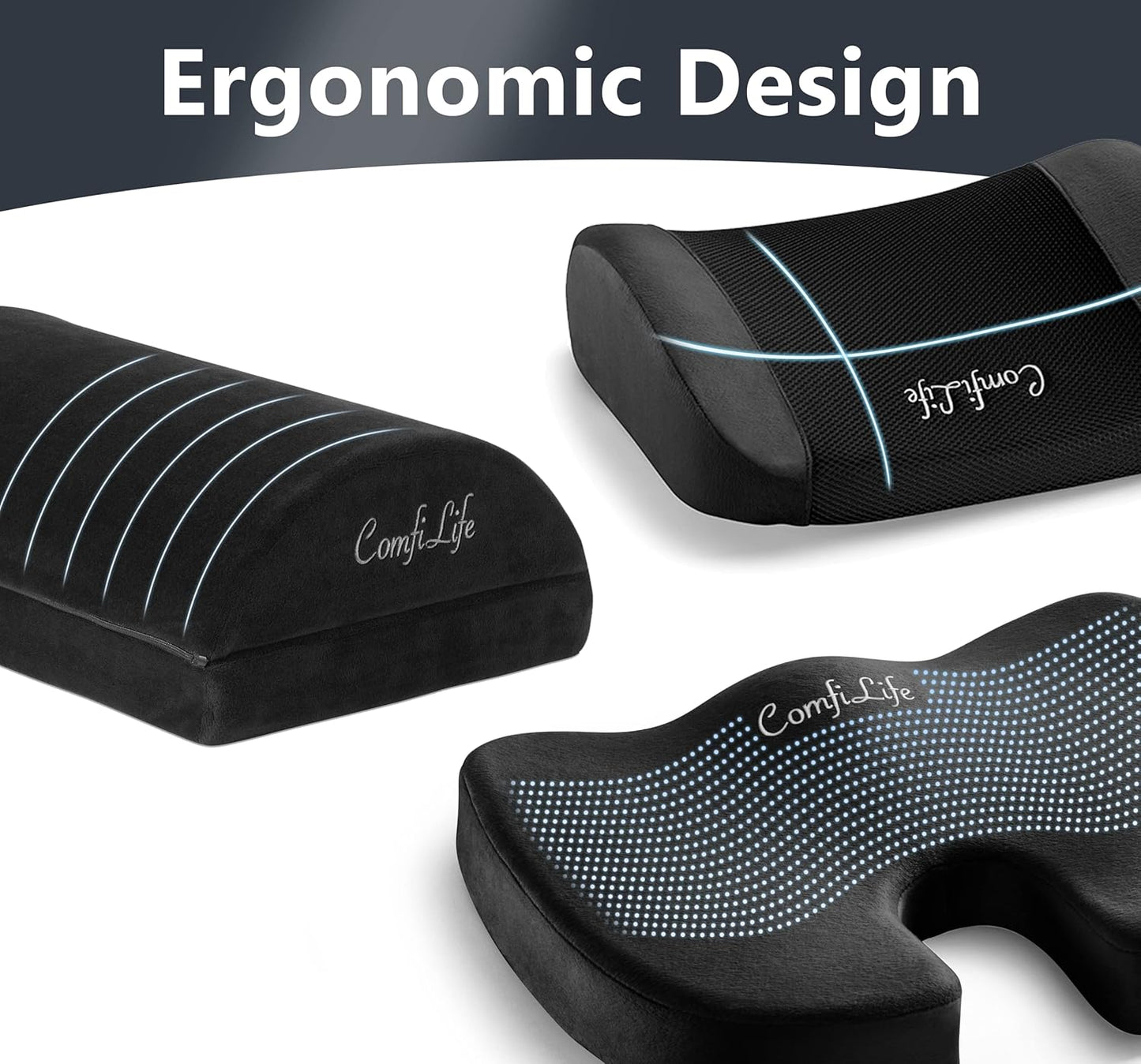 ComfiLife Seat Cushion, Foot Rest & Lumbar Support Bundle – Ultimate Ergonomic Office Chair Comfort – Sciatica & Back Pain Relief (Black)