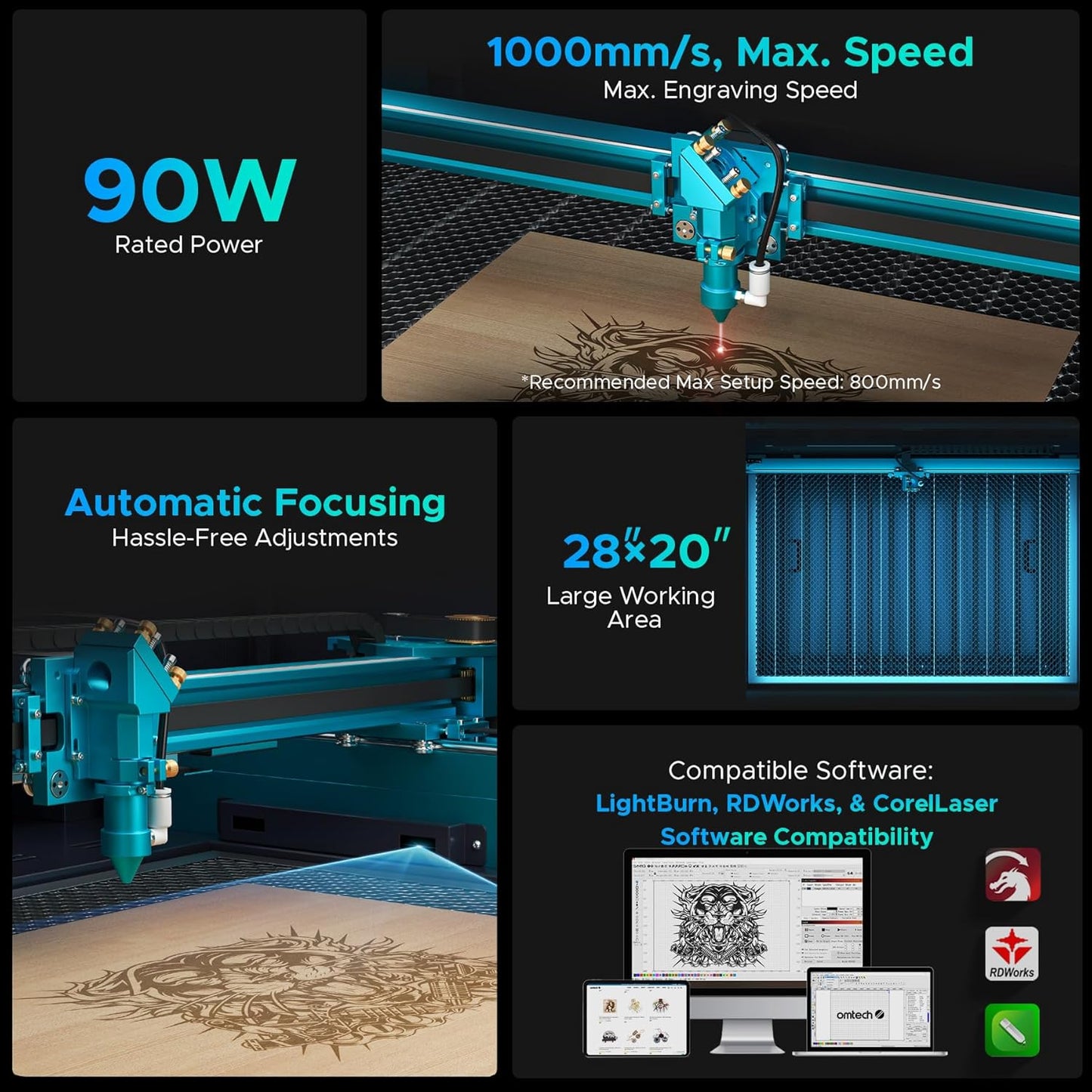 OMTech 90W CO2 Laser Engraver, 28"x20" Laser Engraving Machine with Autofocus 2 Way Pass-Throughs Built-in Air Assist, Commercial Laser Cutting Etching Machine for Wood Glass Acrylic Leather More