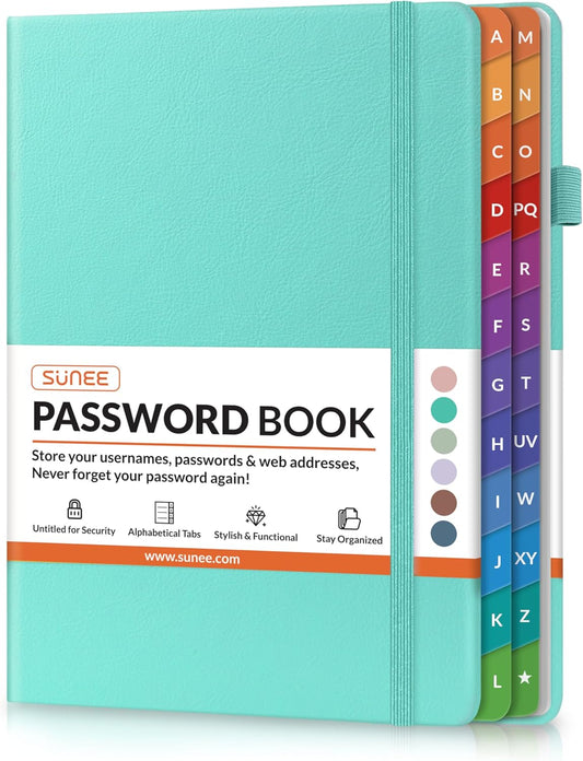 SUNEE Password Book with Colorful Alphabetical Tabs, Password Books for Seniors, Password Keeper Book for Computer and Internet Address Website Login, 5.3''x 7.7''- Aquamarine