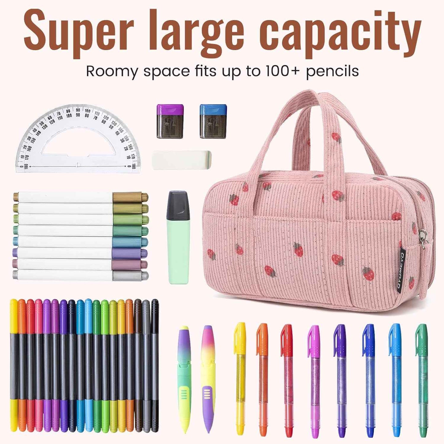 Large Pencil Case Pouch,Extra Big Pencil Bags with Zipper,Cute Corduroy Pencil Pouch with 5 Compartments,Pen Bag Wide Opening,Pencil Pouch Organizer, Pencil Box for Teen Girls Adults (Pink)