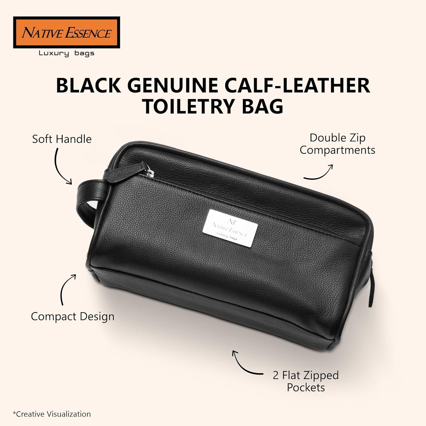 NATIVE ESSENCE Leather Toiletry Bag, Black Genuine Calf Leather Travel Bag, Handmade Cosmetic Pouch, Luxury Shaving Bag, Bathroom Organizer, Stylish Grooming Kit for Men and Women Gift Packed