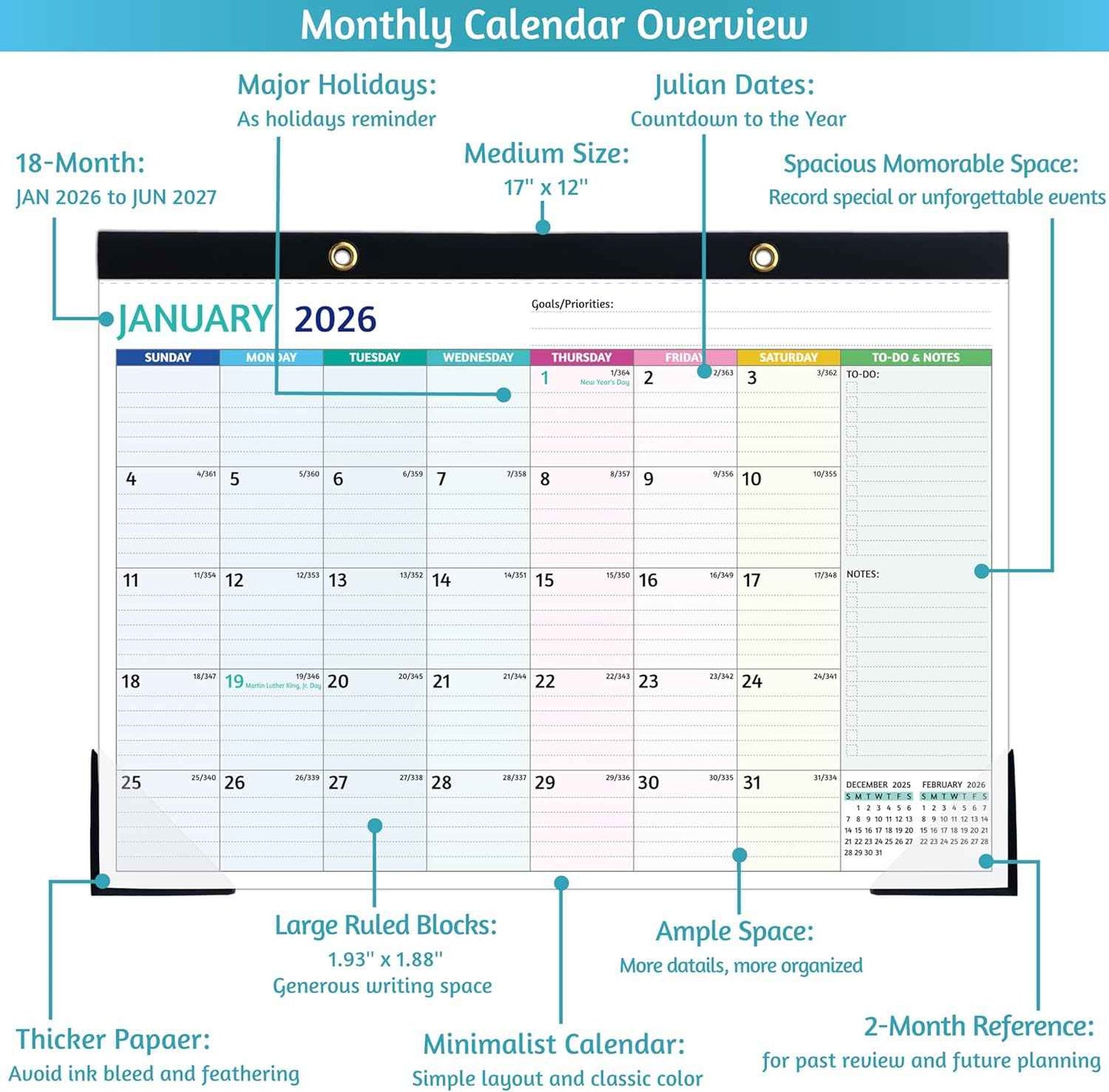 Desk Calendar 2026-2027 – Jan 2026 - Jun 2027, 18 Monthly Desk Calendar 2026-2027 Large, 17’’ x 12’’, 2026 Desk/Wall Calendar with To-do Lists, Desk Pad, Ruled Blocks, Corner Protectors