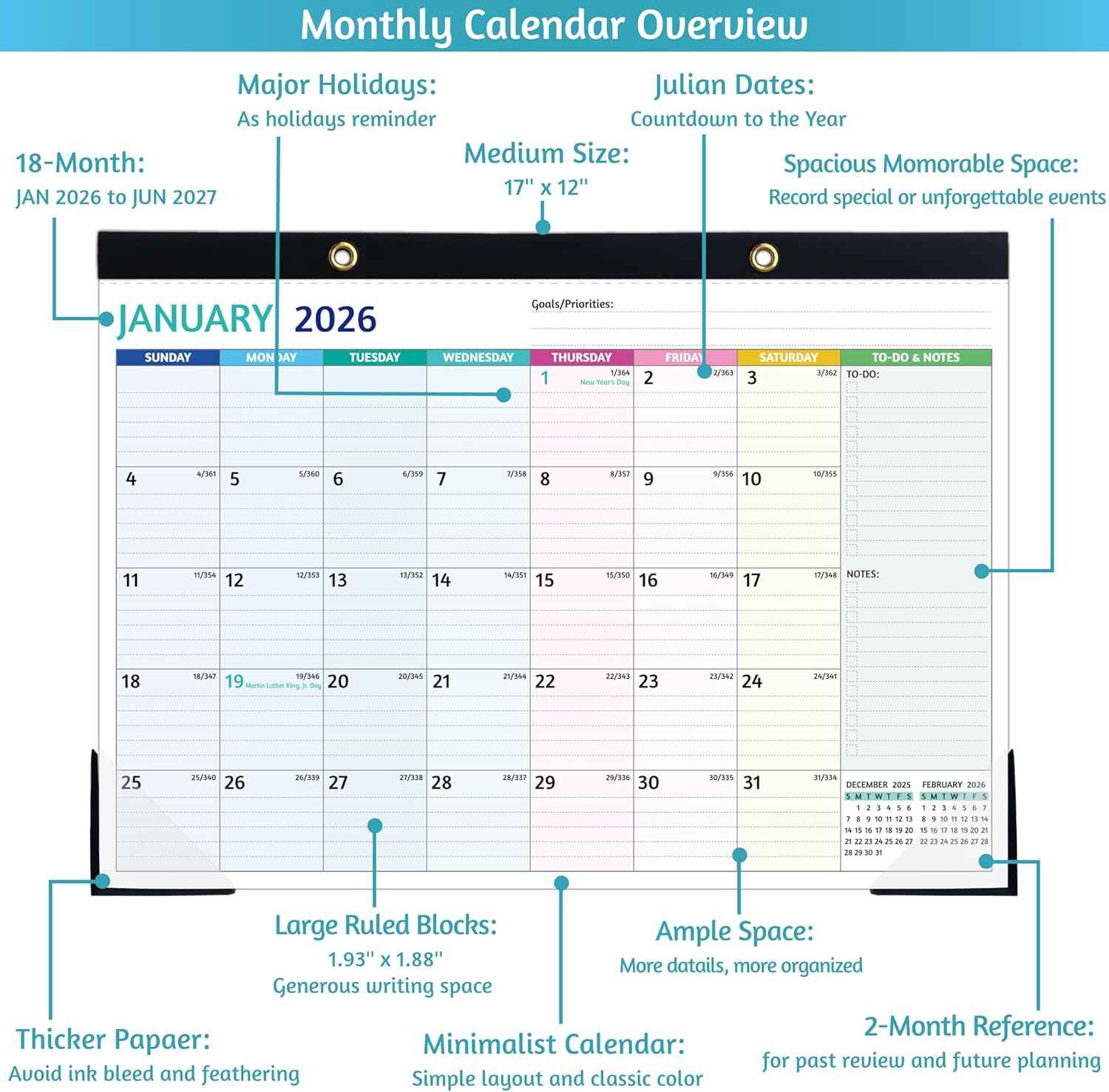 Desk Calendar 2026-2027 – Jan 2026 - Jun 2027, 18 Monthly Desk Calendar 2026-2027 Large, 17’’ x 12’’, 2026 Desk/Wall Calendar with To-do Lists, Desk Pad, Ruled Blocks, Corner Protectors