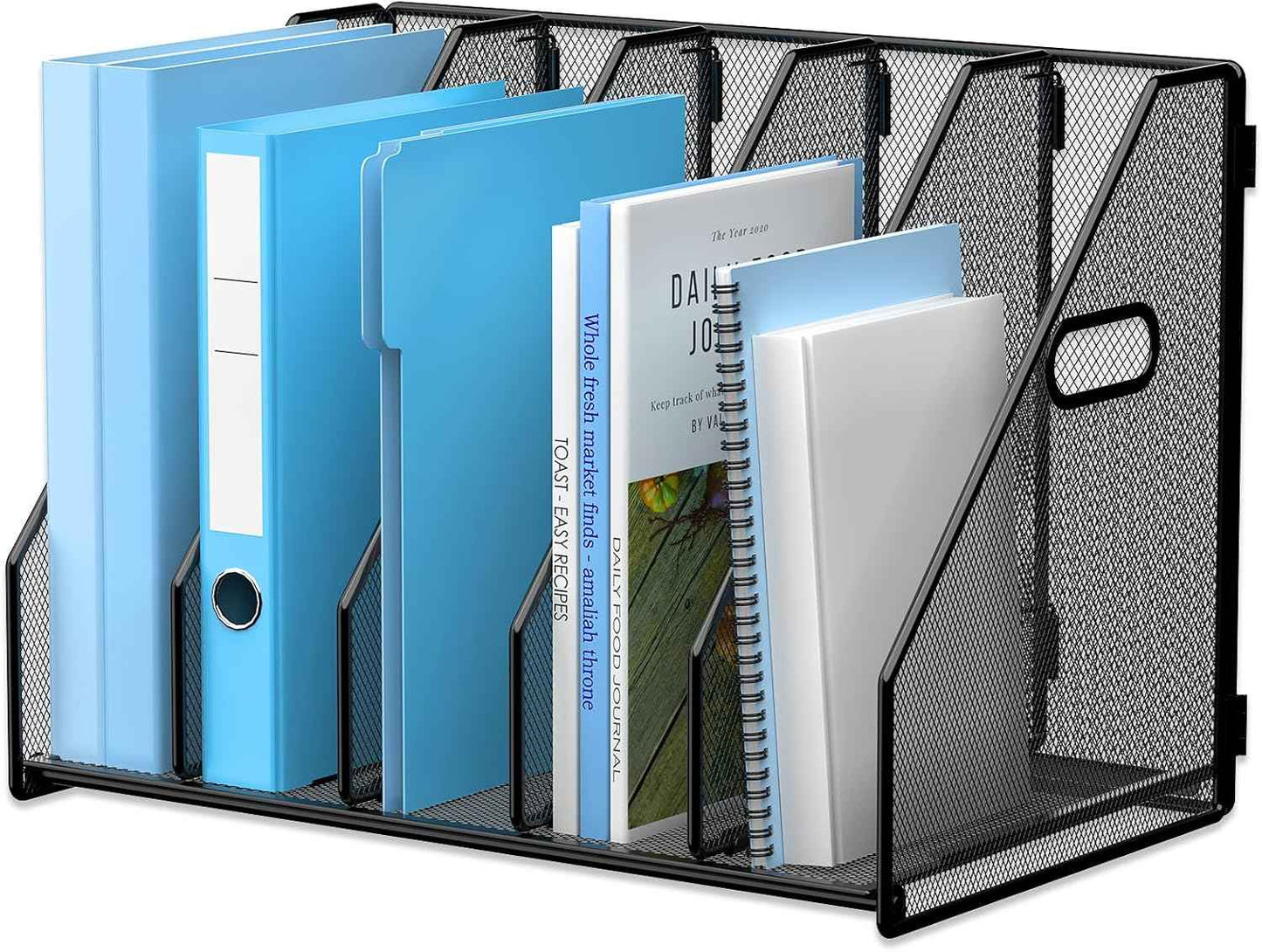 MINDEPOT Desk File Organizer Metal Desk Magazine Folder Holder with 5 Vertical Compartments Rack File Organizer for Office, Home, School, Black