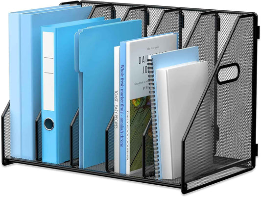 MINDEPOT Desk File Organizer Metal Desk Magazine Folder Holder with 5 Vertical Compartments Rack File Organizer for Office, Home, School, Black
