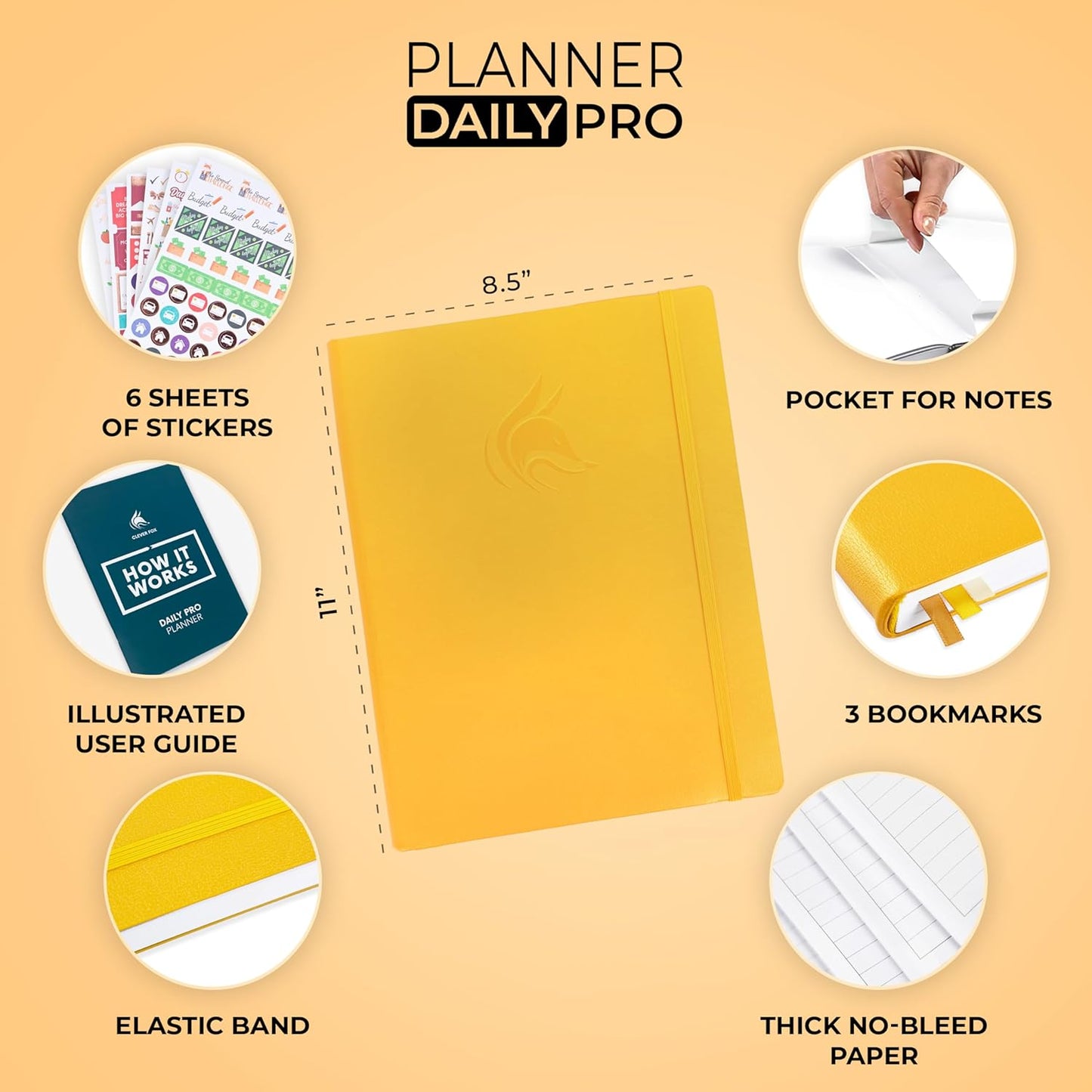 Clever Fox Planner Daily PRO - 8.5 x 11" A4 Size Daily Life Planner and Gratitude Journal to Increase Productivity, Time Management and Hit Your Goals - Undated - Lasts 3 Months (Amber Yellow)