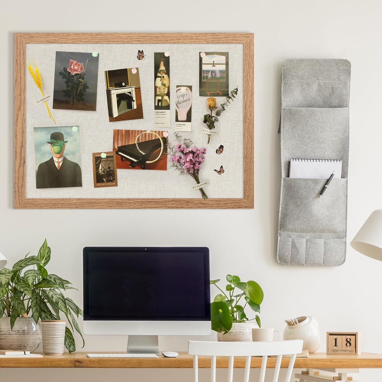 Cork Board Bulletin Board 18" x 24", Large Linen Corkboards with Frame for Walls, Cute Picture Display Pin Board Vision Board for Room School Office Bedroom 20 Pushpins Carbonized Black - Lumora Desk