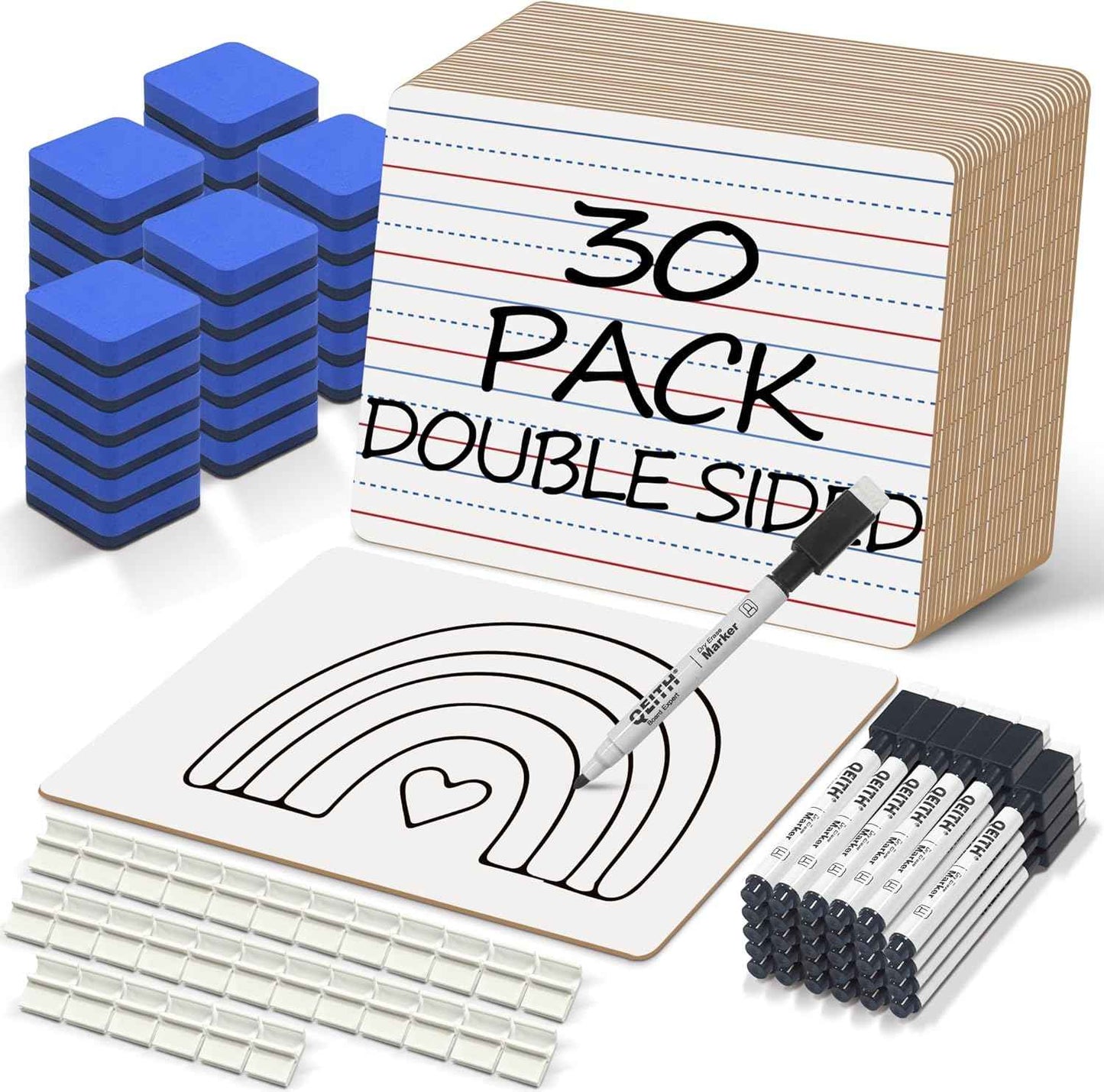 Dry Erase Boards, 30 Pack 9 x 12 Inch Mini Portable Practice White Boards with 30 Markers, 30 Erasers, Double Sided Personal Small Whiteboards with Lines for Kids, Students, Teachers Classroom School