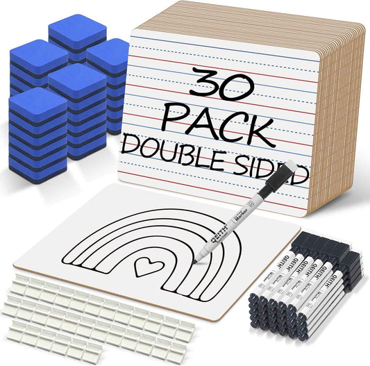 Dry Erase Boards, 30 Pack 9 x 12 Inch Mini Portable Practice White Boards with 30 Markers, 30 Erasers, Double Sided Personal Small Whiteboards with Lines for Kids, Students, Teachers Classroom School