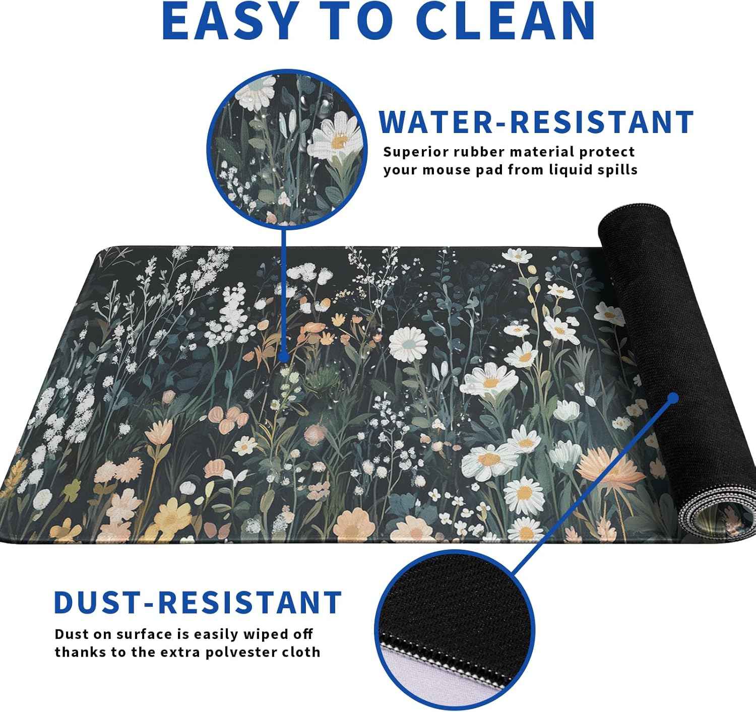 Flower Mouse Pad Abstract Black Mouse Pad 31.5x11.8 Inch Floral Texture Non-Slip Rubber Base Large Weeds Mousepad Stitched Edges Keyboard Mouse Mat Desk Pad for Office and Home