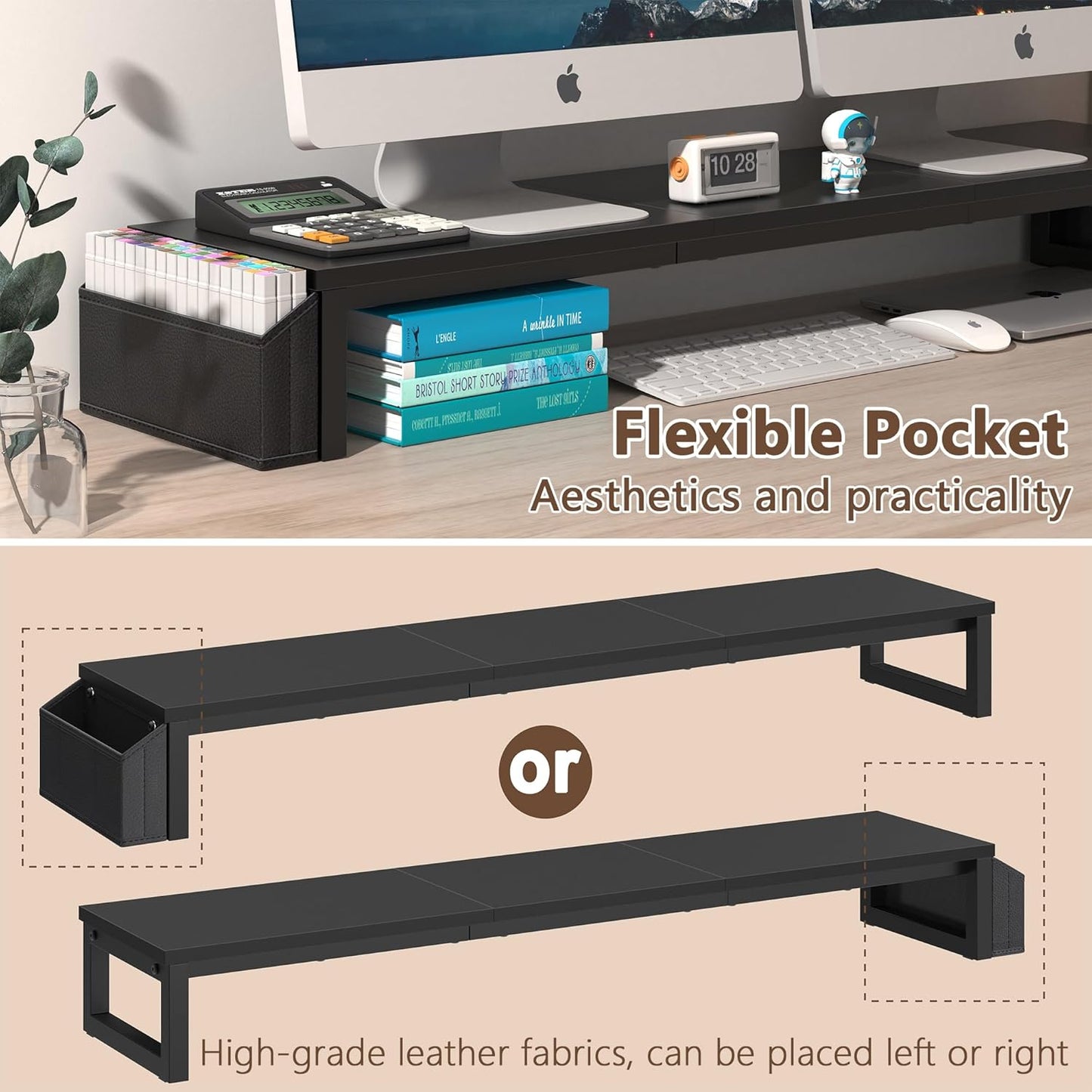 LAND·VOI Dual Monitor Stand Riser,41.5'' Long Monitor Stand for 2 Monitors, Wood and Steel Computer Monitor Stand, Desktop Oraganizer with Pen Holder, Monitor Riser for Desk Computer,Laptop,TV, Black