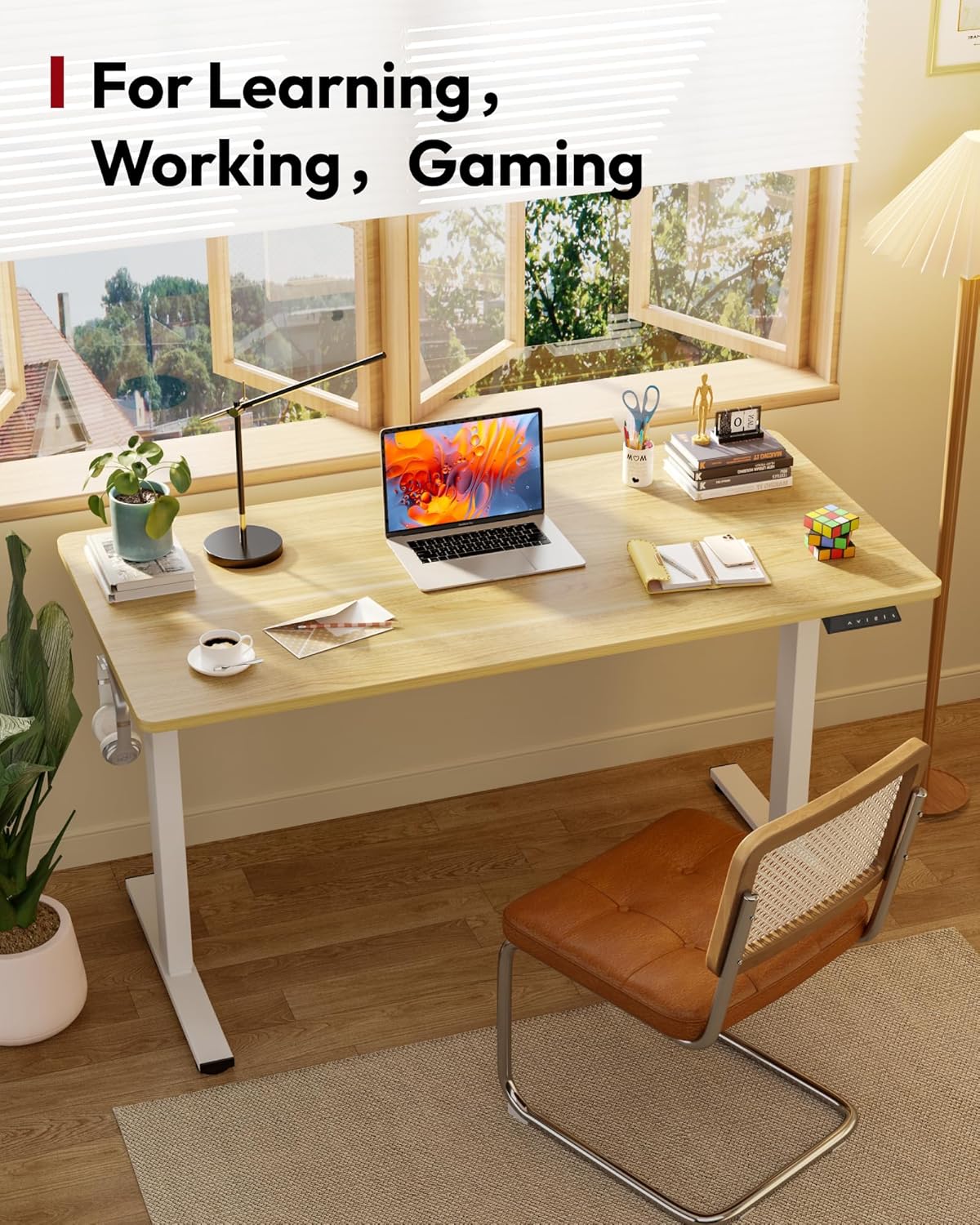 SANODESK Electric Standing Desk 60 x 24 Inches Whole-Piece Desktop Height Adjustable Stand Up Desk w/6-Button Controller Ergonomic Computer Desk for Home Office, White Frame + Natural Tabletop