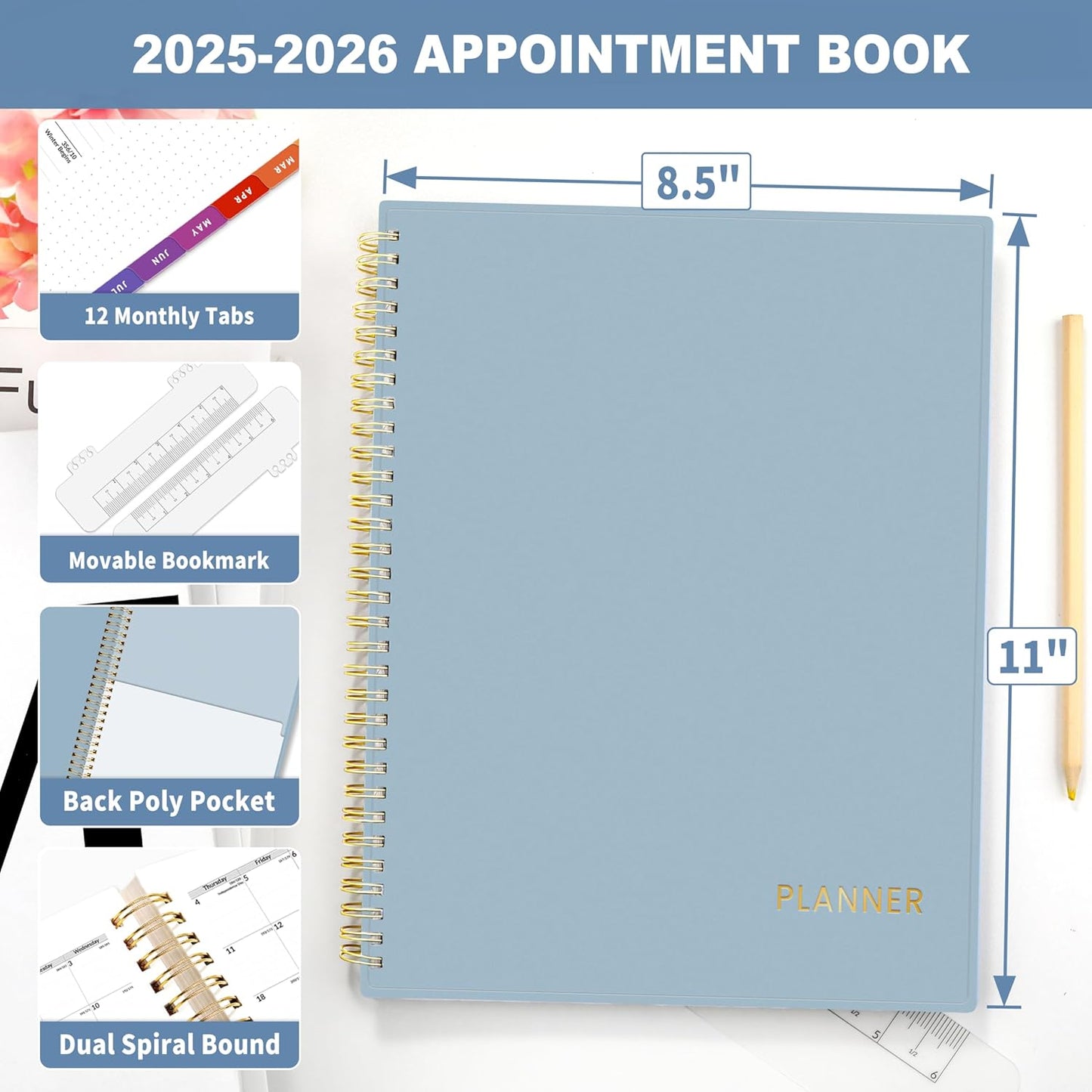 SUNEE 2025-2026 Appointment Book, Quarter-Hourly, Weekly & Monthly - from July 2025 to June 2026, 8.5"x11" Academic Planner, Flexible Cover, Note Pages, Pockets, Bookmark, Spiral Binding, Blue