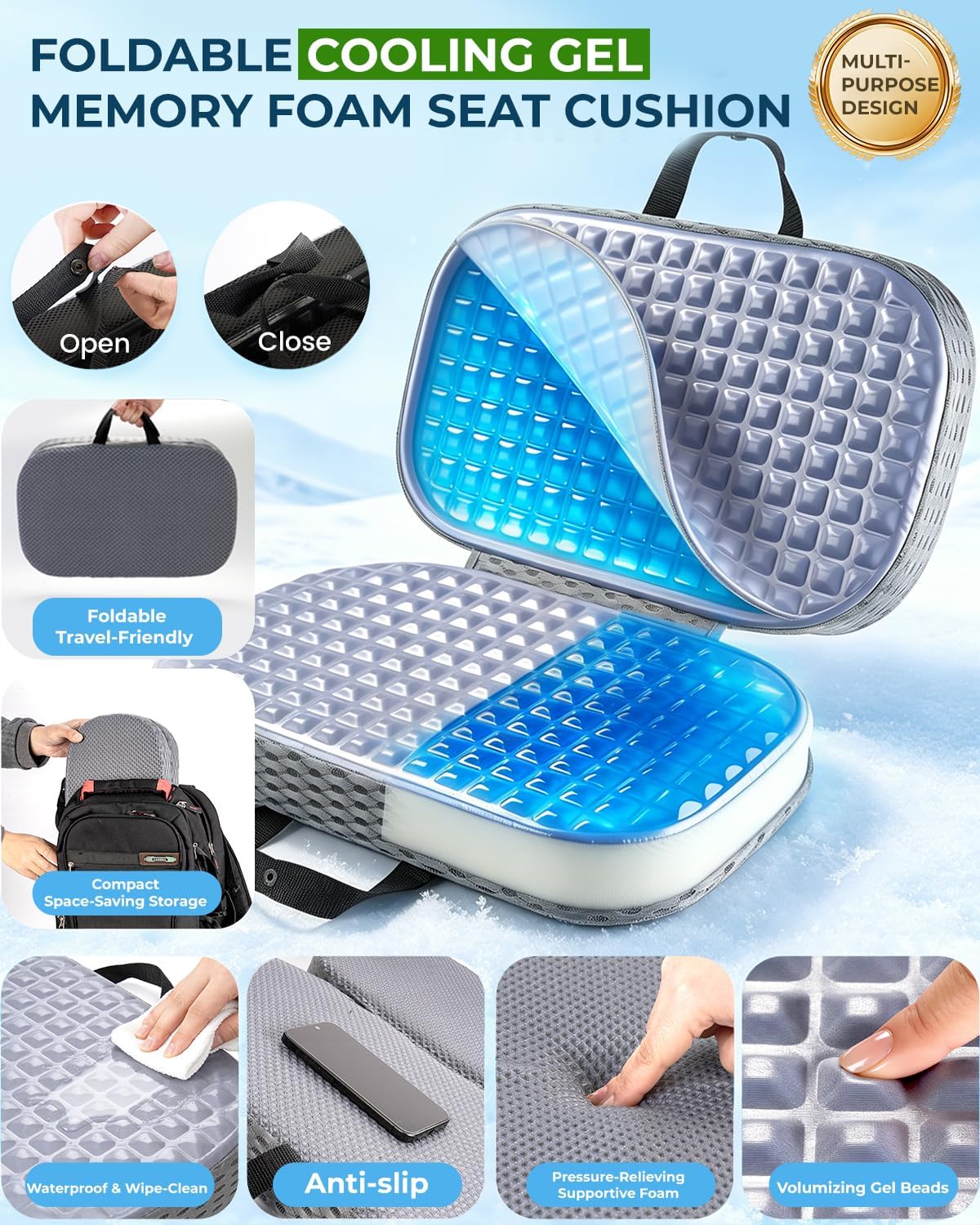 Premium Gel & Memory Foam Seat Cushion, Extra Large Cooling Portable Chair Pad for Long Sitting, Seat Cushion for Office Desk Chair, Car, Wheelchair, Airplane, Outdoor & Long Trips