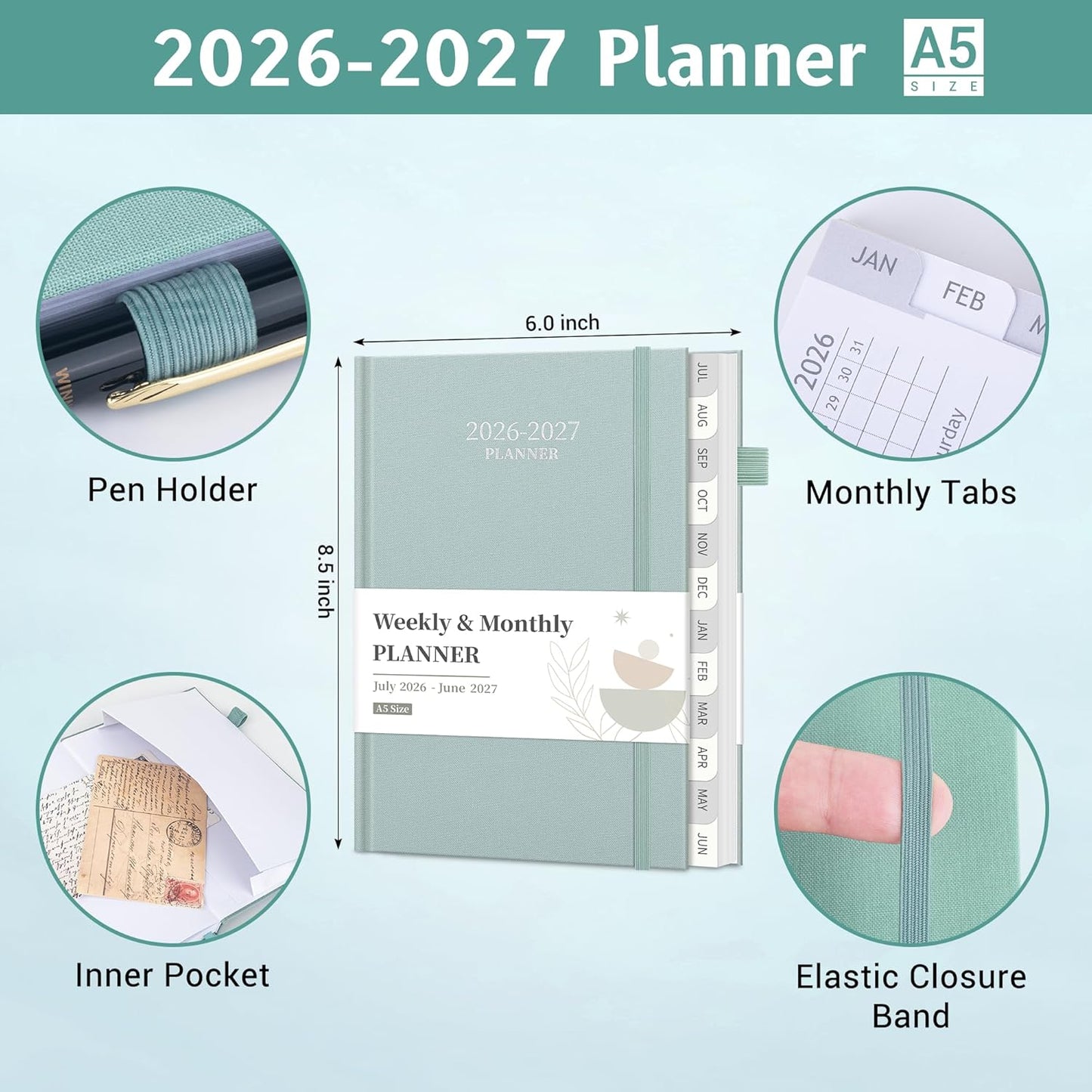 2026-2027 Planner, Weekly and Monthly Calendar Planner from July 2026 - June 2027, 6" x 8.5" Linen Hardcover Agenda Book with Tabs, Pen Holder, Inner Pocket for Office School, Blue