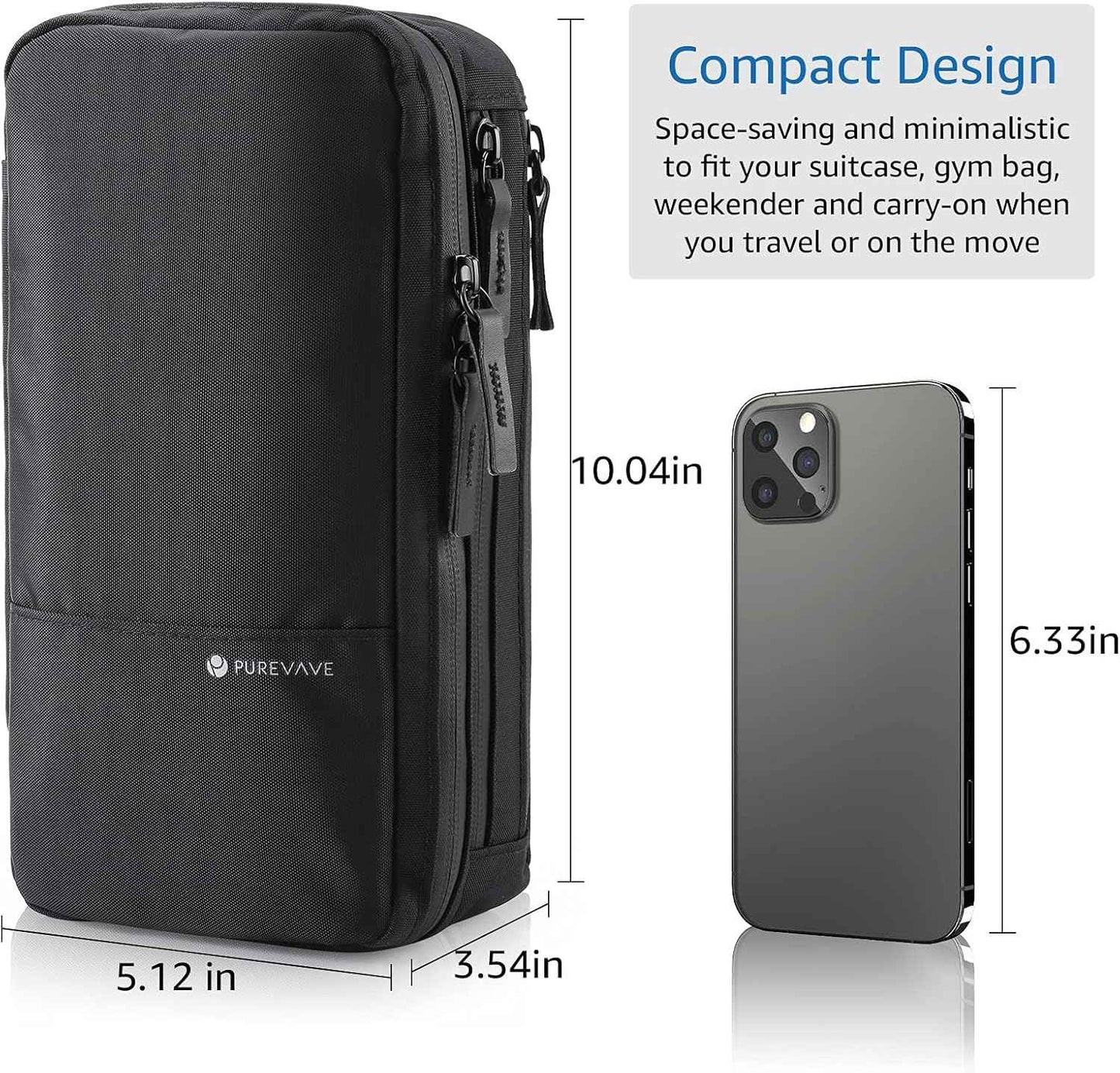 Purevave Compact Mens Toiletry Travel Bag Hanging, Mens Dopp Kit for Travel Waterproof, Wash Pouch Black