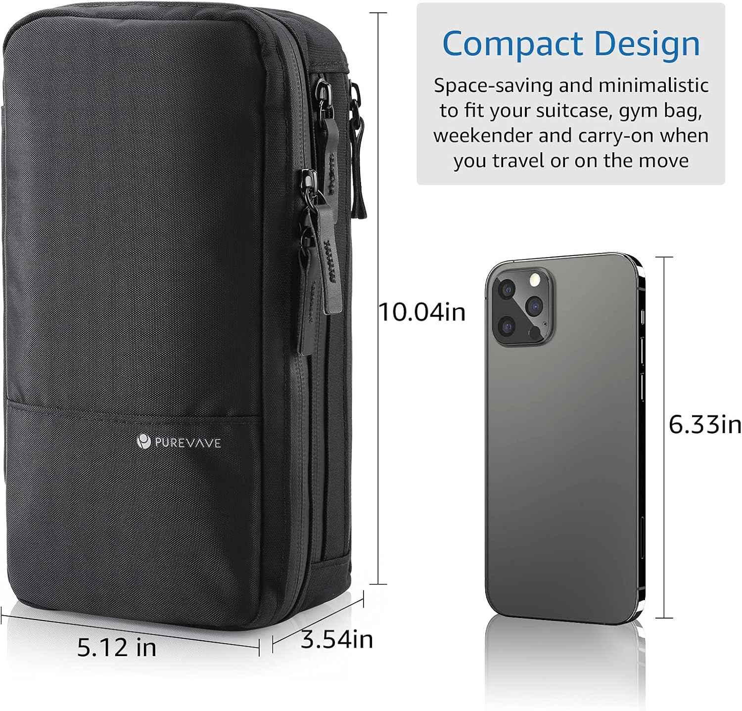 Purevave Compact Mens Toiletry Travel Bag Hanging, Mens Dopp Kit for Travel Waterproof, Wash Pouch Black