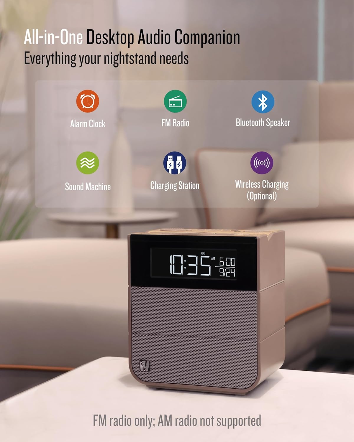 Sound Rise II, SFQ-16: Bedside Alarm Clock Radio & Bluetooth Speaker, with Large Display Screen, FM Radio, Fast USB Charging, and Nature Sound