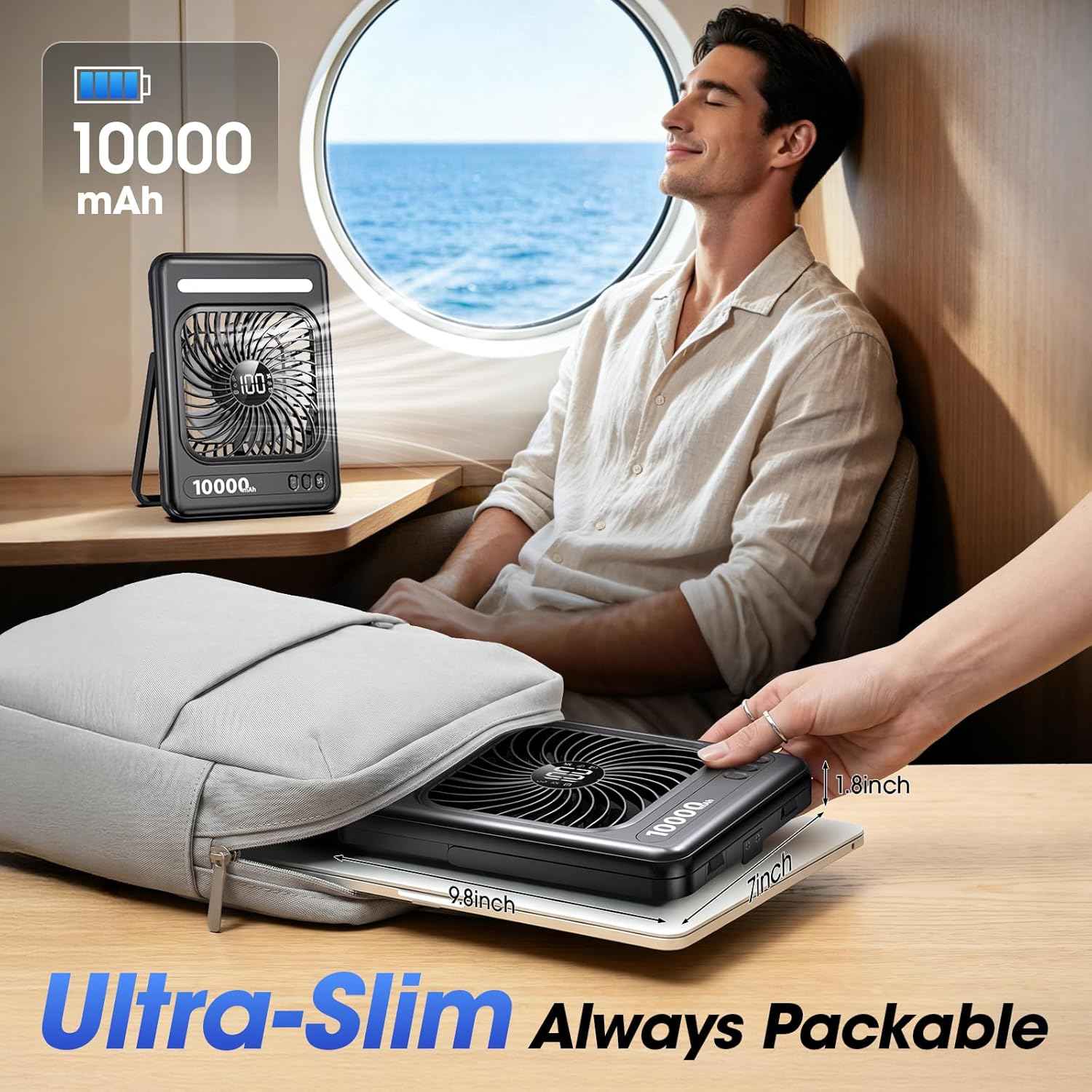 10000mAh Portable Travel Fan, 5 Speeds Strong Wind Cruise Fan with LED Lantern, 24H Runtime Cordless Personal USB Fan, 2/4/6/8H Timer, Ultra-thin Quiet Desk Fan for Camping, Office, Bedroom, Beach
