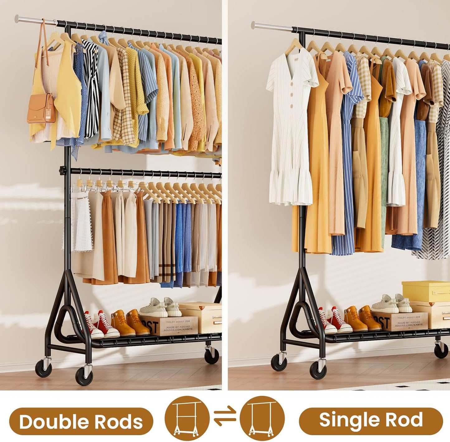 Double Rods Clothing Rack, Heavy Duty Clothes Rack for Hanging Clothes Load 560LBS, Metal Rolling Garment Racks with Wheels, Freestanding Clothes Hanging Racks, Black - Lumora Desk