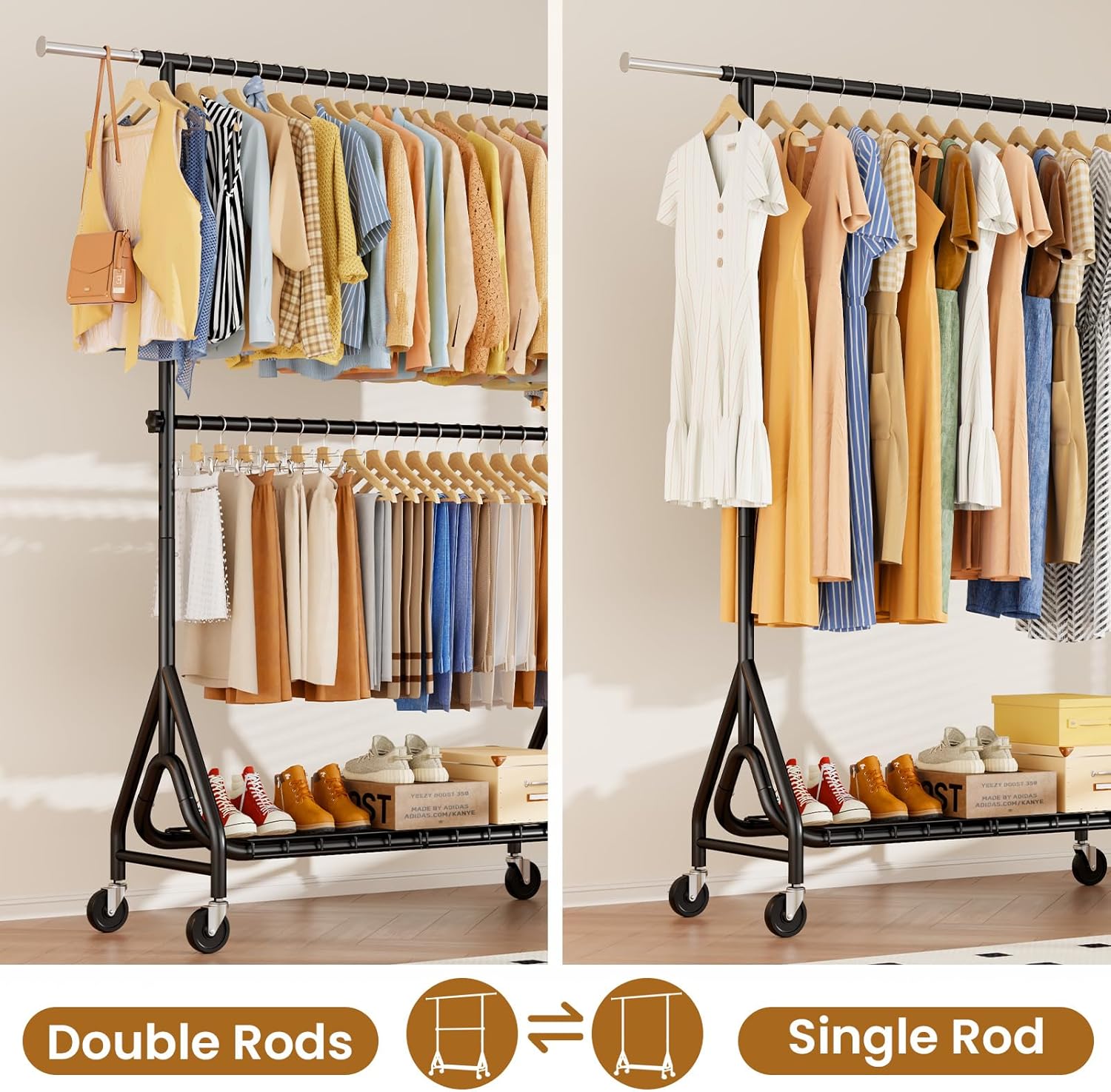 Double Rods Clothing Rack, Heavy Duty Clothes Rack for Hanging Clothes Load 560LBS, Metal Rolling Garment Racks with Wheels, Freestanding Clothes Hanging Racks, Black - Lumora Desk