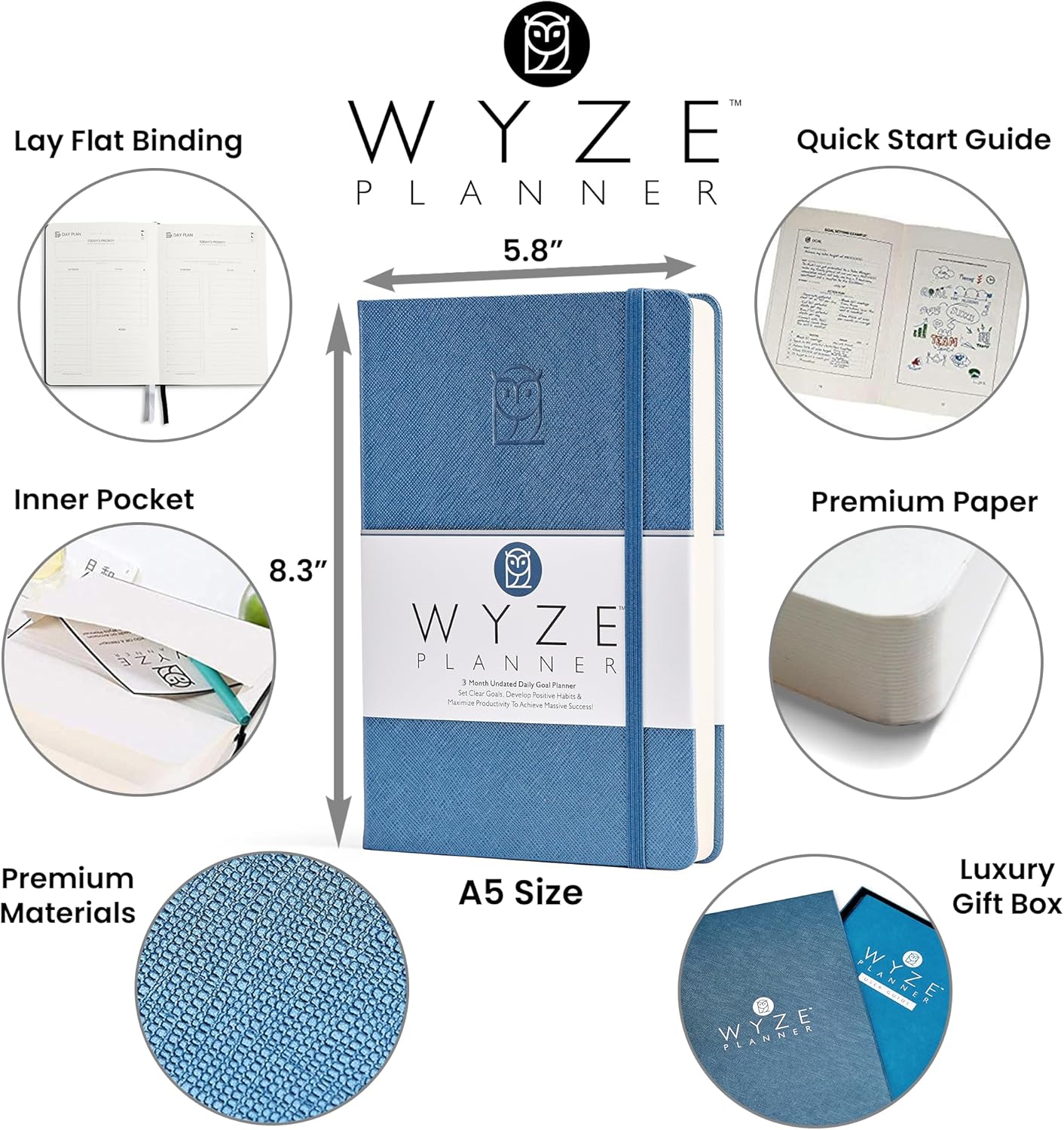 Undated Daily Planner – 3-Month A5 Productivity Organizer with Full Page Per Day, Hourly Schedule, Goal Setting, Habit Tracker, Weekly & Monthly Pages – Hardcover Time Management Notebook (Blue)