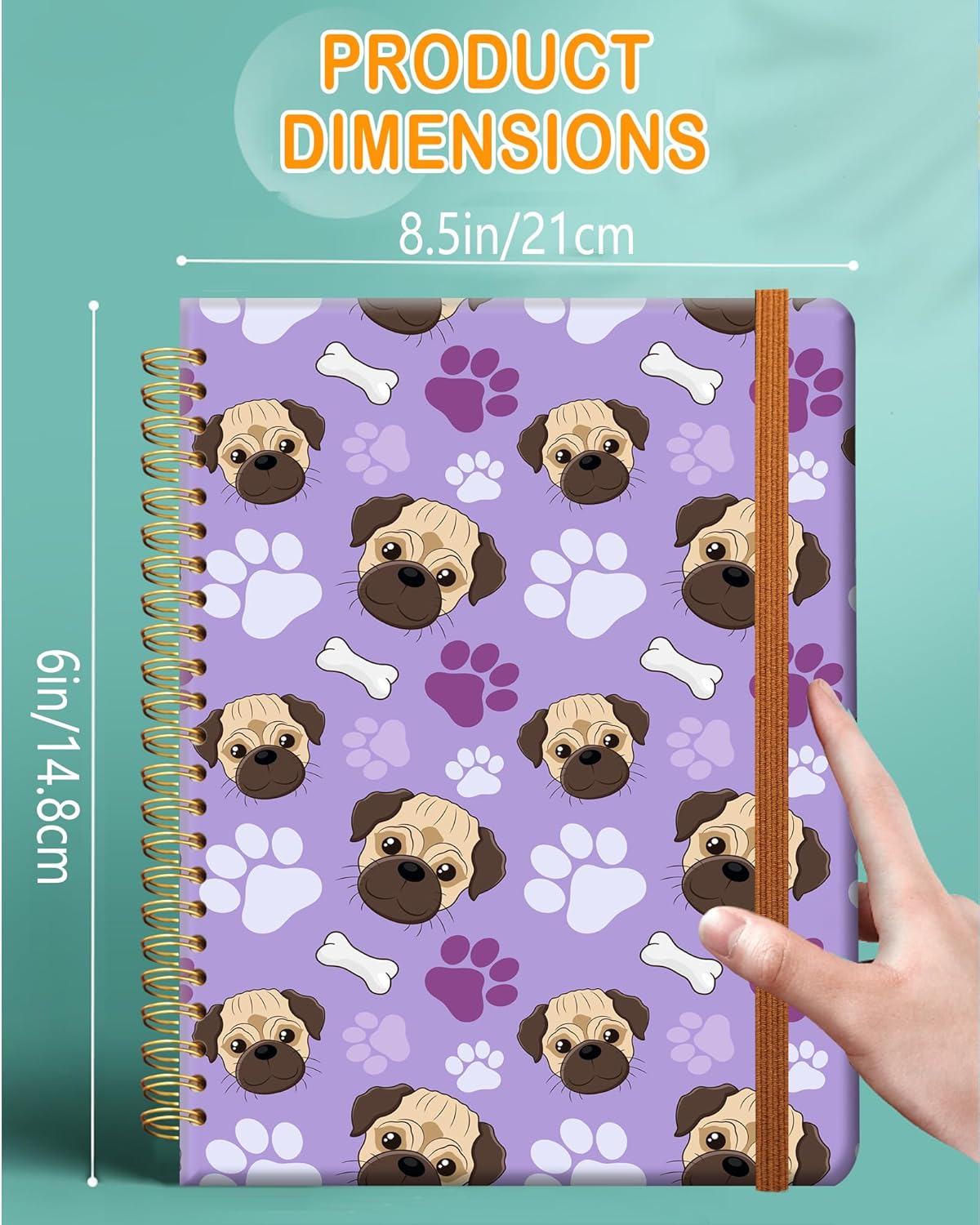 Ruled Spiral Writing Notebook,A5 Hardcover Lined College Journal for Women Lady,Fashion Puppy Watercolor Strong Twin-Wire Binding with Premium Paper,8.4" X 6",Perfect for School,Office,Home Gifts(Pug Bones Paws)
