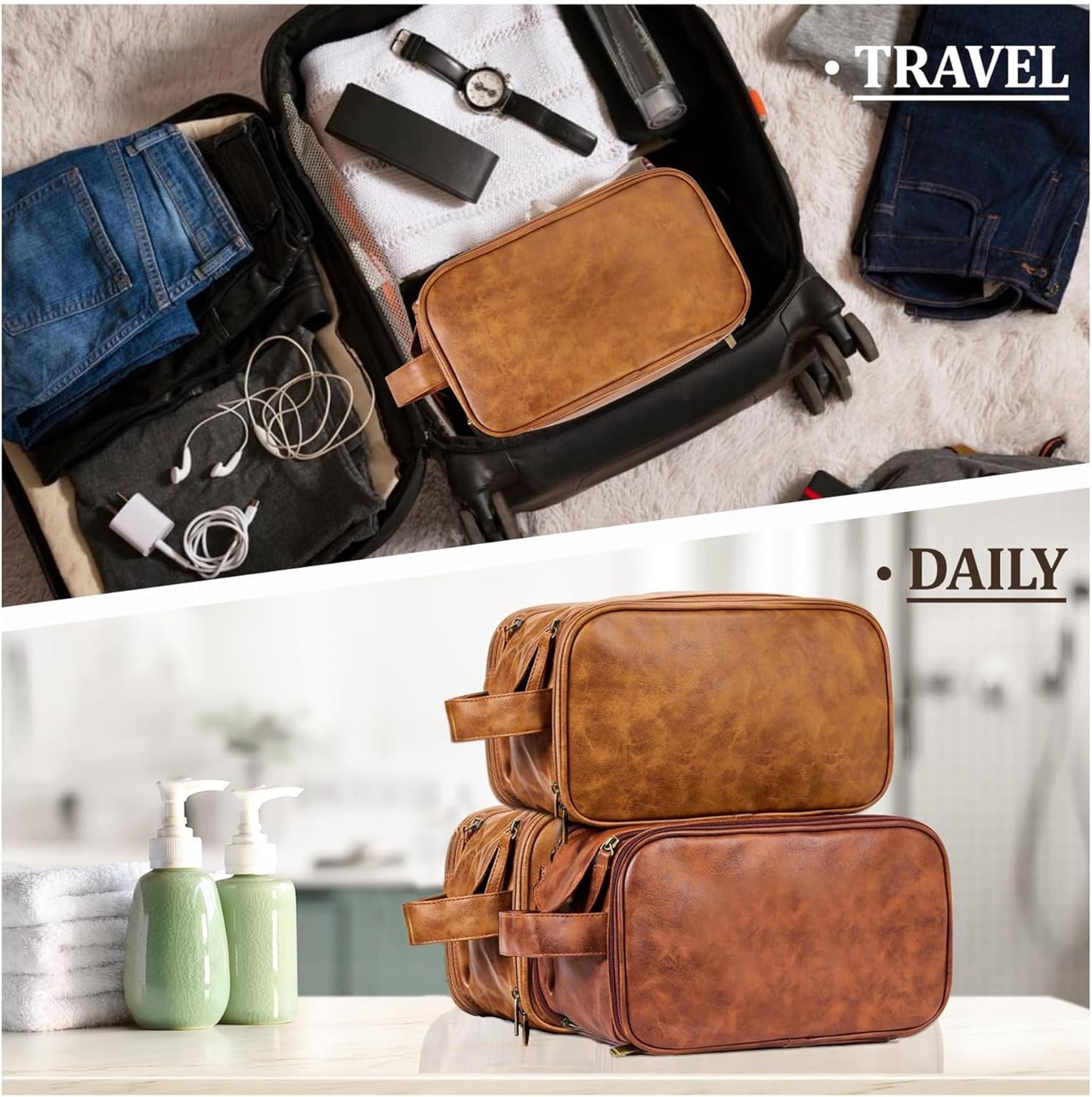 Travel Toiletry Bag for Men, Double Layer Handle, Water Resistant PU Leather Kit, Fathers Day Christmas Thanksgiving Groomsmen Wedding Gift (Yellowish Brown)
