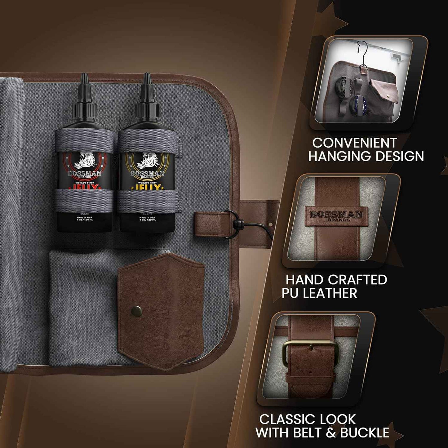 Bossman PU Leather Toiletry Bag for Men - Water Resistant Toiletry Kit Mens Hanging Travel Organizer - Hand Crafted Portable Traveling Accessories