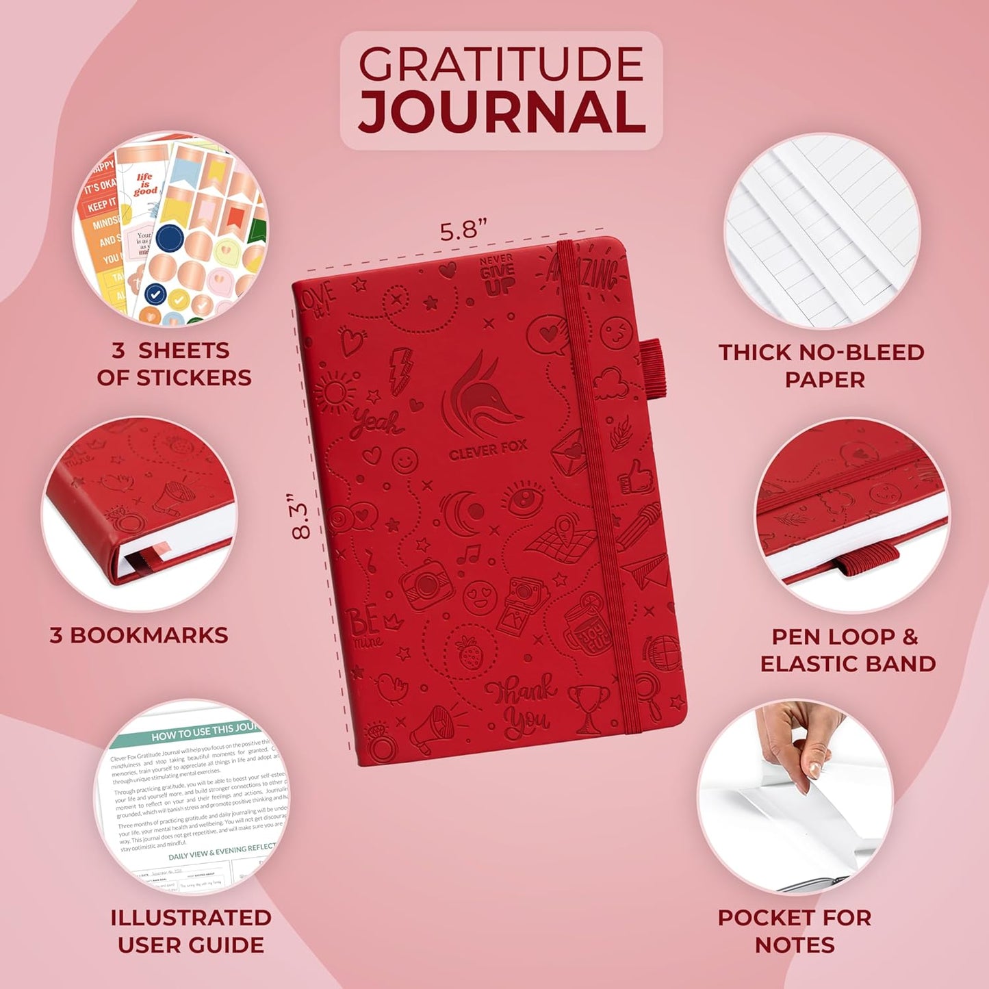 Clever Fox Gratitude Journal – Happiness, Positivity & Affirmation Daily Journal – Inspirational Daily Notebook – 3 Months, A5 (Red)