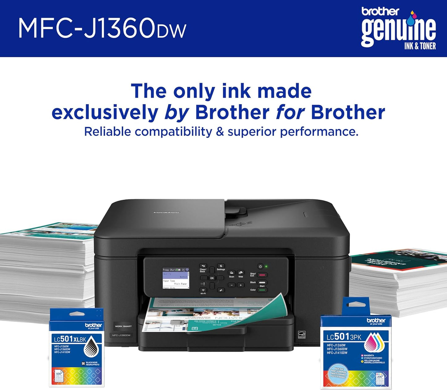 Brother Work Smart 1360 Wireless Color Inkjet All-in-One Printer with Automatic Duplex Printing and 1.8” Color Display | Includes Refresh Subscription Trial(1) (MFC-J1360DW) (Uses LC501 Series Inks) - Lumora Desk