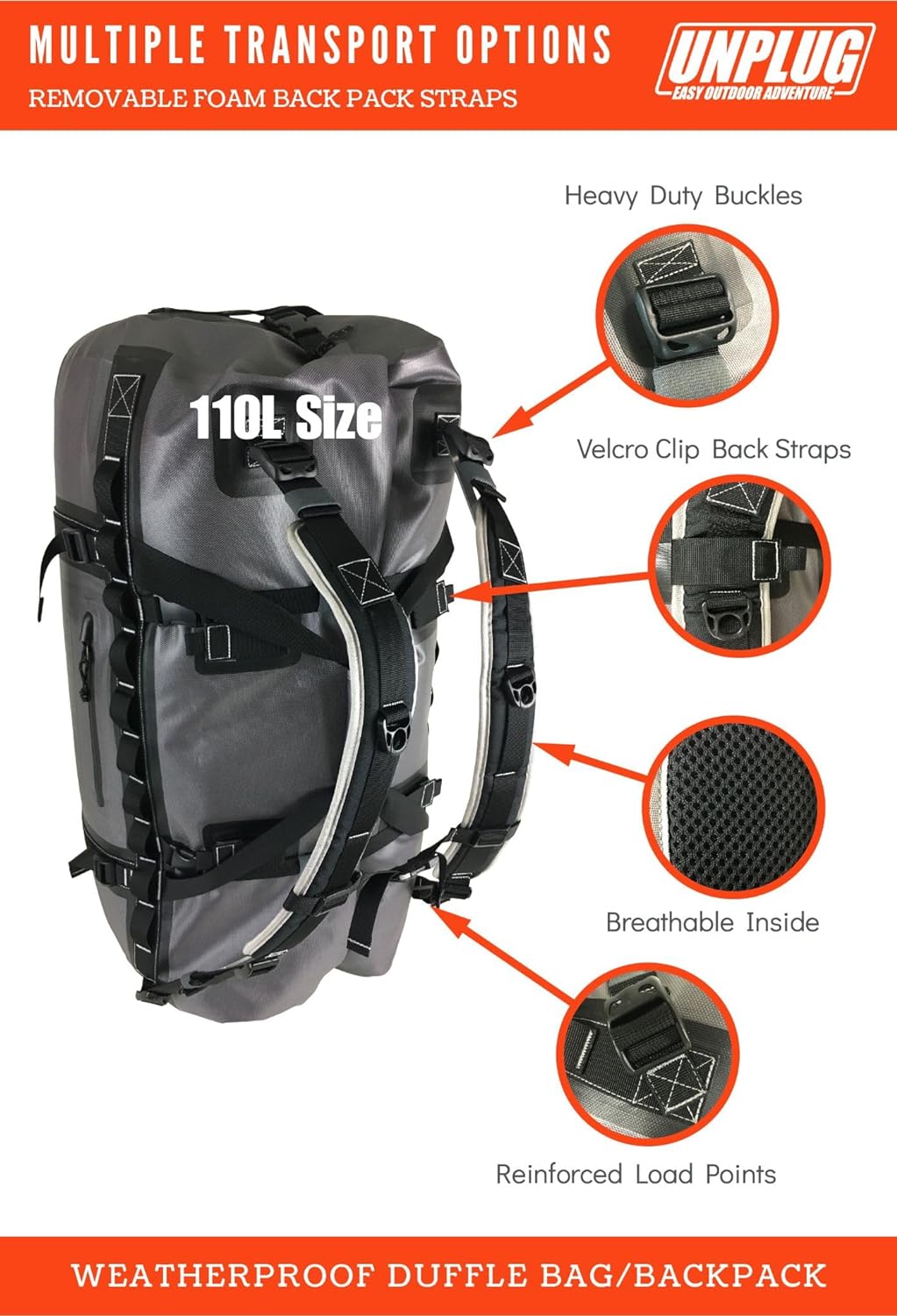 UNPLUG Ultimate Adventure Bag | 1680D Heavy Duty Waterproof Bag | Large Travel Duffle Bag which can be Used for Camping, Motorcycling, Boating, or Hunting