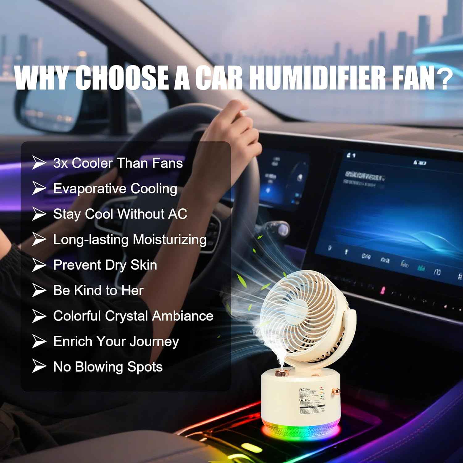 Portable Car Fan, Mist Air Cooler Spray Car Cooling Fan 3 Speeds Ultra-Quiet Mini Table Desk Fans Air Humidifier With RGB Light, USB Rechargeable Fans for SUV RV Vehicles Home Office Camping Gift