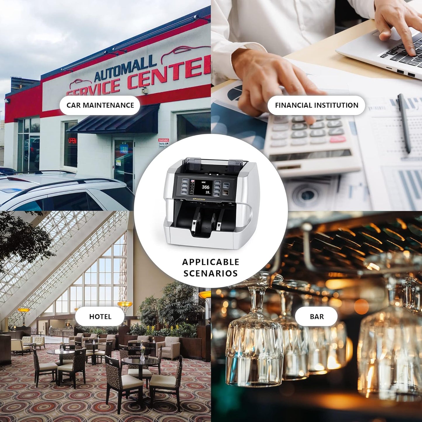 NUCOUN VC-7S Silver Bank Grade Money Counter Machine Mixed Denomination Value Counting Serial Number Multi Currency Enabled 2CIS/UV/IR/MG/MT Counterfeit Detection Cash Bill Value Counter