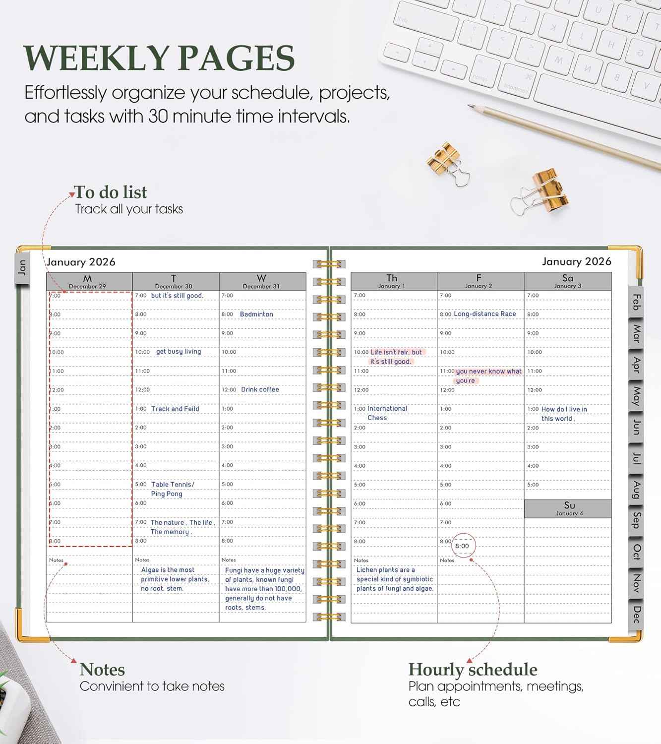 2026 Planner, Weekly and Monthly Calendar Planner from January 2026 - December 2026, 8.5" x 11" Hardcover Leather Hourly Appointment Book with Tabs, Spiral Daily Planners for School Work Home, Green