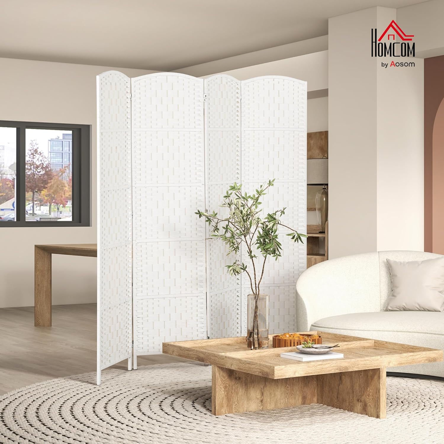 HOMCOM Room Divider, 4 Panel Folding Privacy Screen, 6FT Tall Portable Wicker Weave Partition Wall Divider for Bedroom, Home Office, White - Lumora Desk