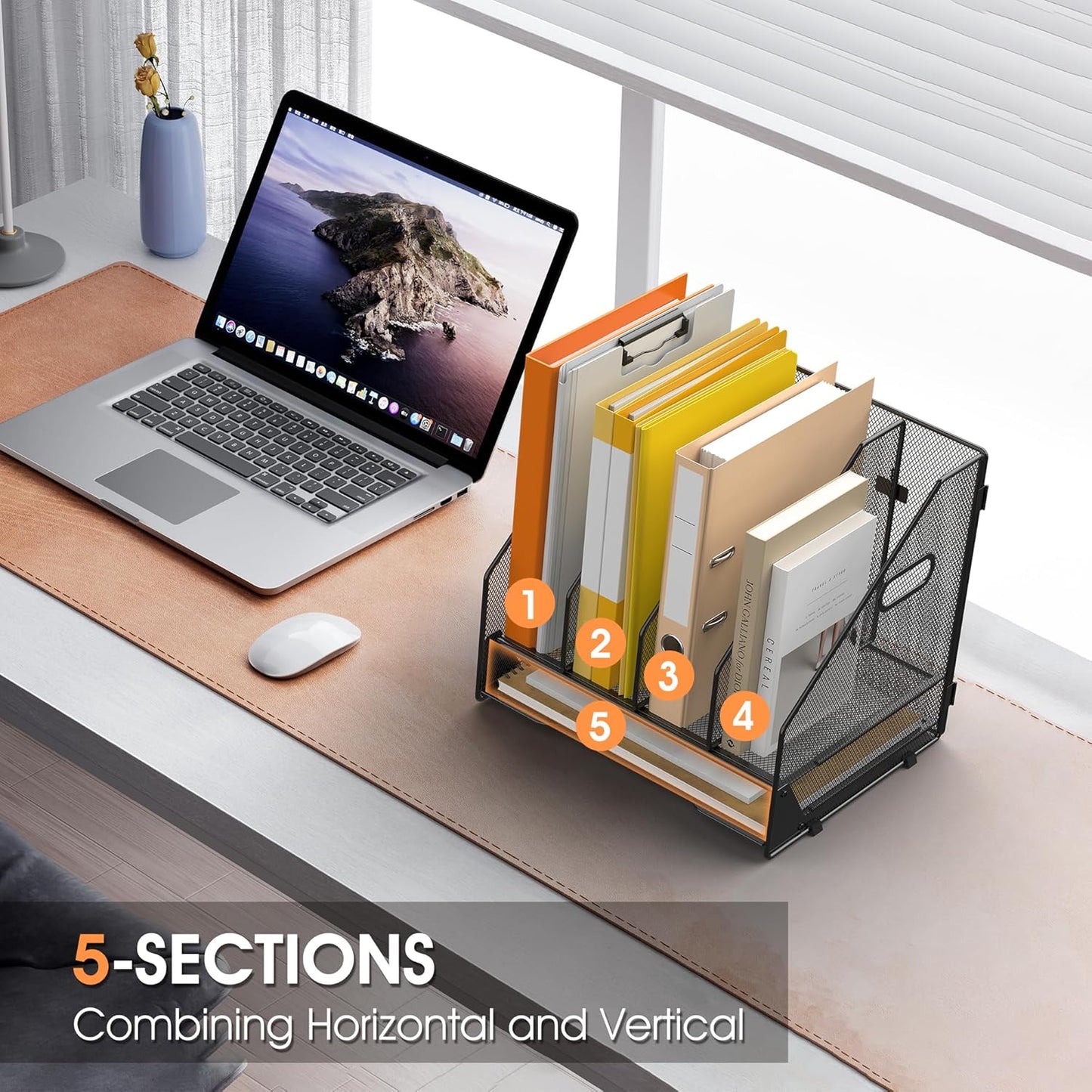 Desk File Folder Holder Organizer-4 Vertical Compartments Racks and Paper Letter Tray,Mesh Magazine File Holder Sorter,Desktop Accessories & Workspace Organizers for Home,Office,School-Black