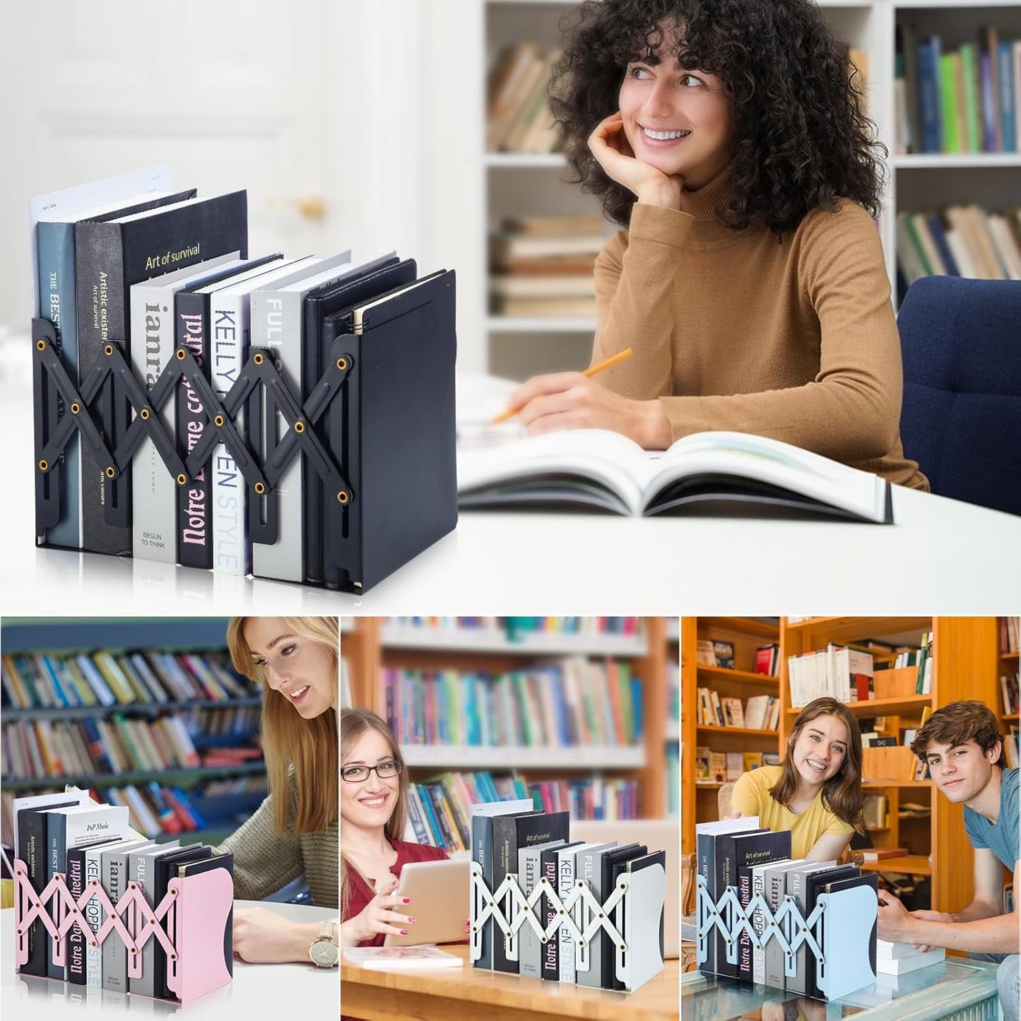 M&G Adjustable Bookends Book Ends for Shelves, Metal Bookend for Heavy Books, Desk Magazine File Organizer Holder Extends up to 20in, Book Stopper for Home, Office, Classroom (Blue)