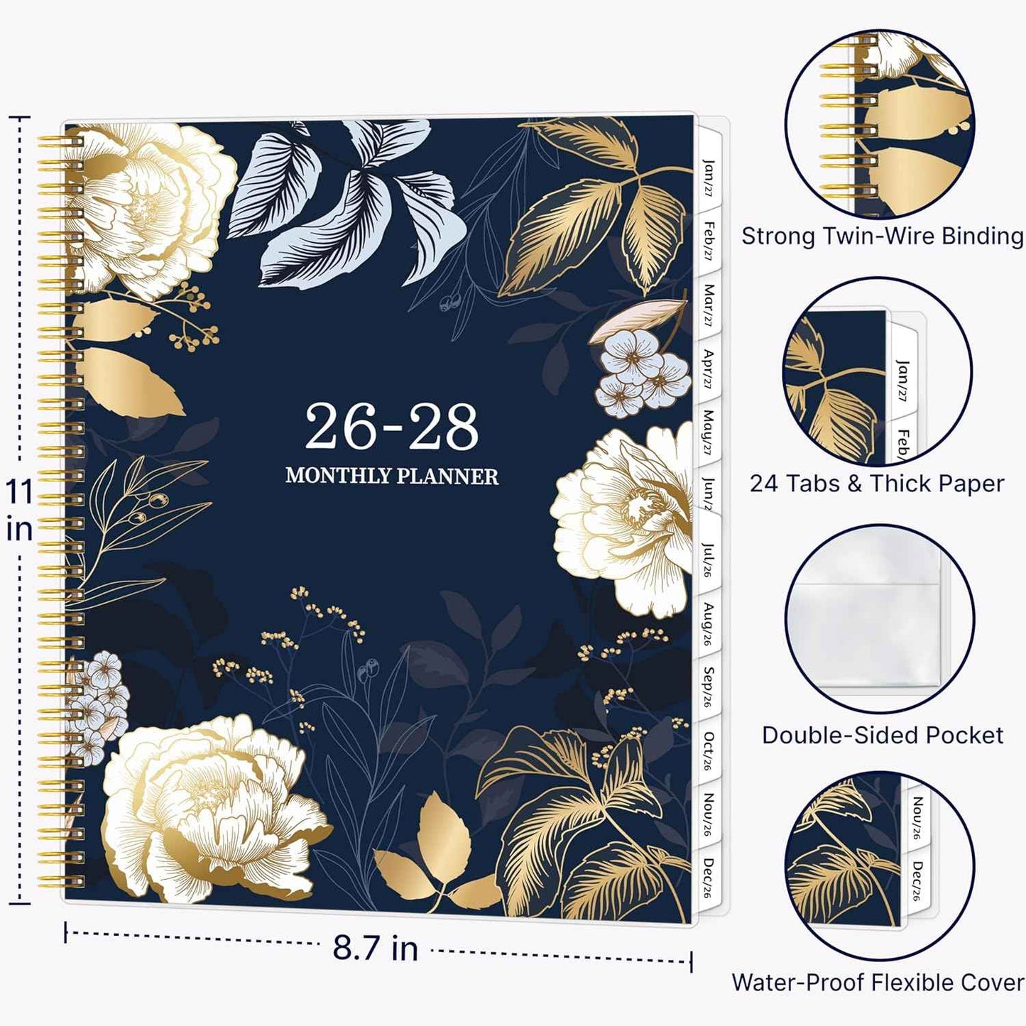 2026-2028 Monthly Planner, 2 Year Calendar Planner, Jul 2026 - Jun 2028, 8.5’’ x 11’’, Large Spiral Agenda, 24 Months, with Tabs ＆Pocket, Flexible Cover, Organizer for Office Home School, Black