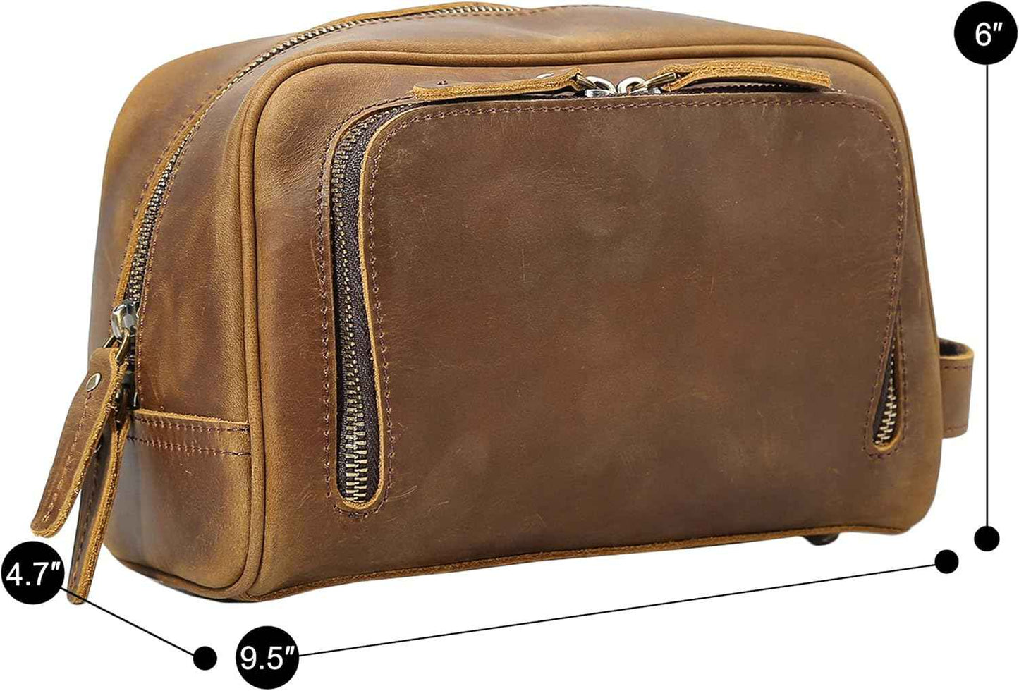 Polare Vintage Full Grain Leather Handmade Travel Toiletry Bag for Men - Dopp Kit - Shaving Kit with YKK Metal Zippers A-Brown