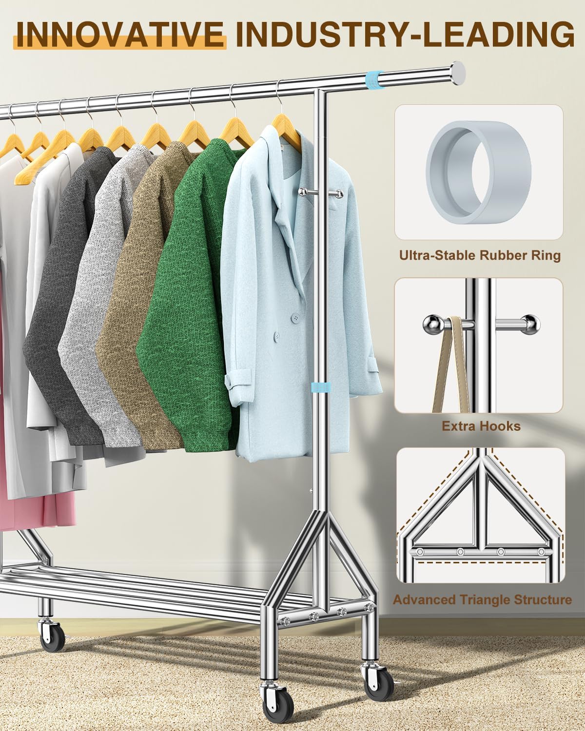 Upgraded 100% Stainless Steel Clothing Rack Load 760LBS, Heavy Duty Clothes Racks with Larger & Sturdy Wheel, Extendable & Adjustable Rolling Garment with Shelves - Lumora Desk