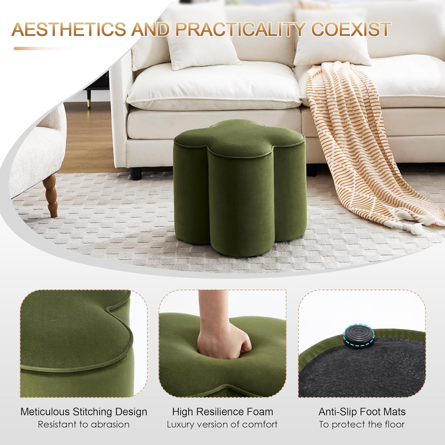 Zesthouse Flower Pouf Ottoman Foot Rest, Velvet Fabric Poofy Ottoman Footstool for Couch, Modern Living Room Stool Seat, Cute Square Vanity Stool for Bedroom Dorm, Green