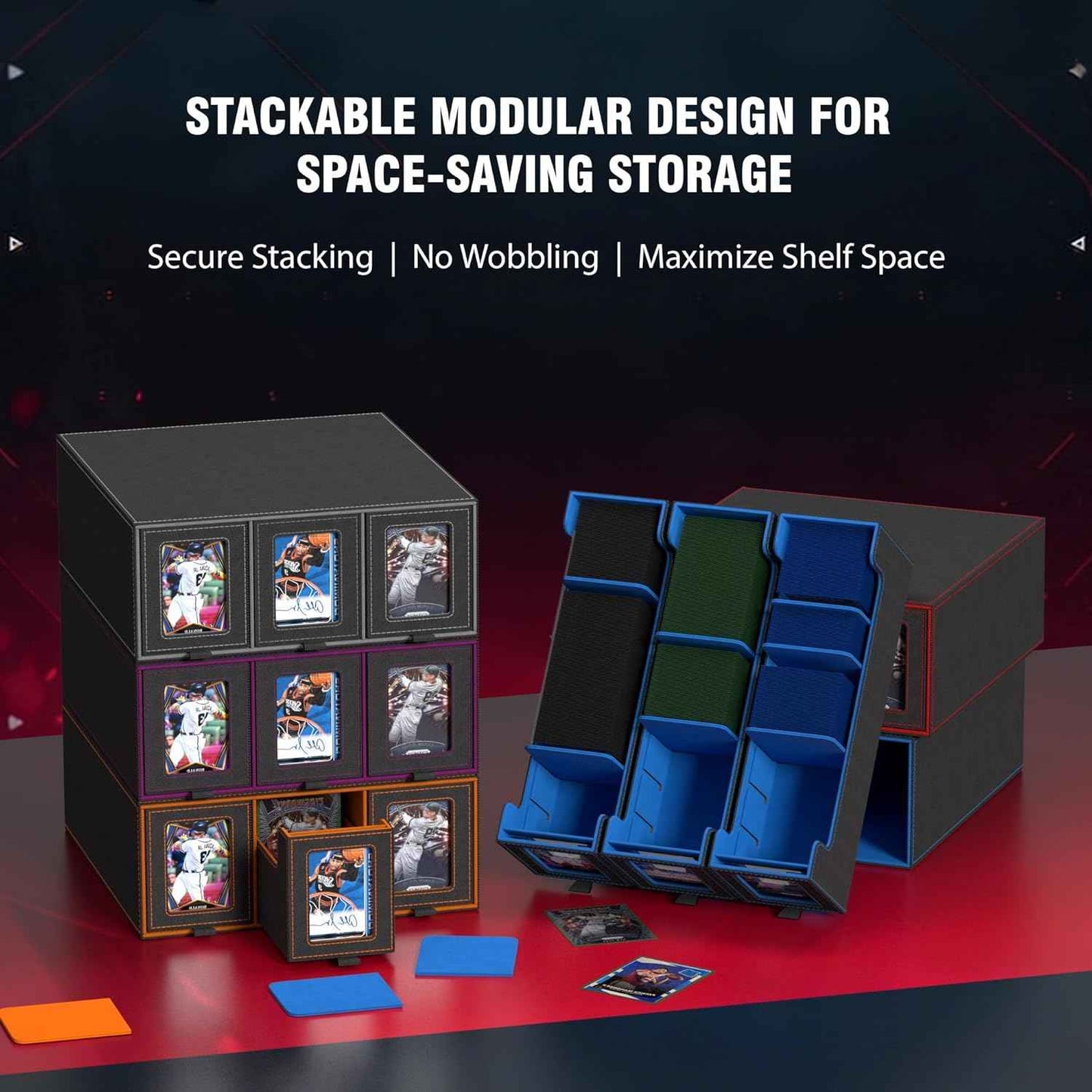 Trading Card Storage Box, 3-Row Slide-Pull Card Case with Stackable Design & 15 Dividers, Commander Display Card Organizer Holder for MTG, Pkmn, YuGiOh, TCG and Sports Cards, Holds 2500+ Cards (Red)