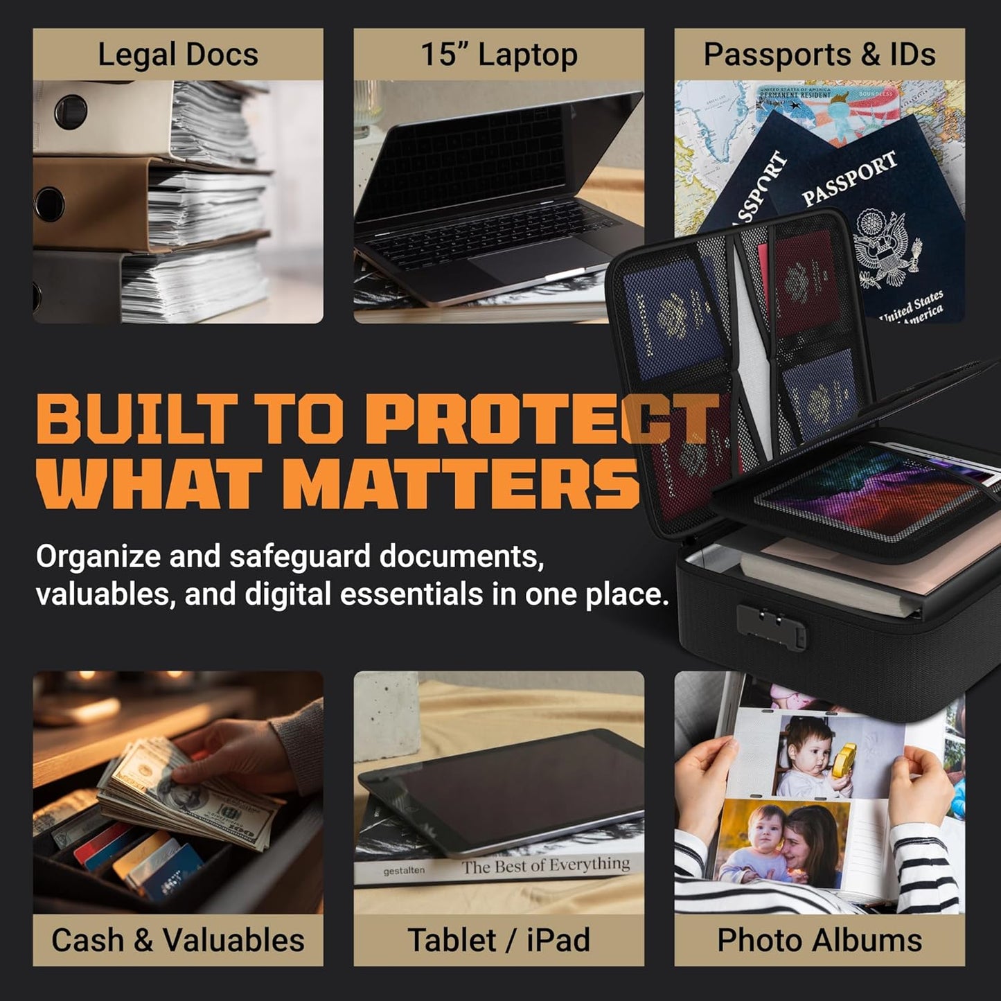 FIRESHIELD PRO 5200°F Fireproof Document Box with Lock – Fire Safe Organizer with Laptop, Tablet & Cards Pockets – Water Resistant, Multi-Pocket Storage for Travel, Home or Office – 15" x 11" x 4.1"