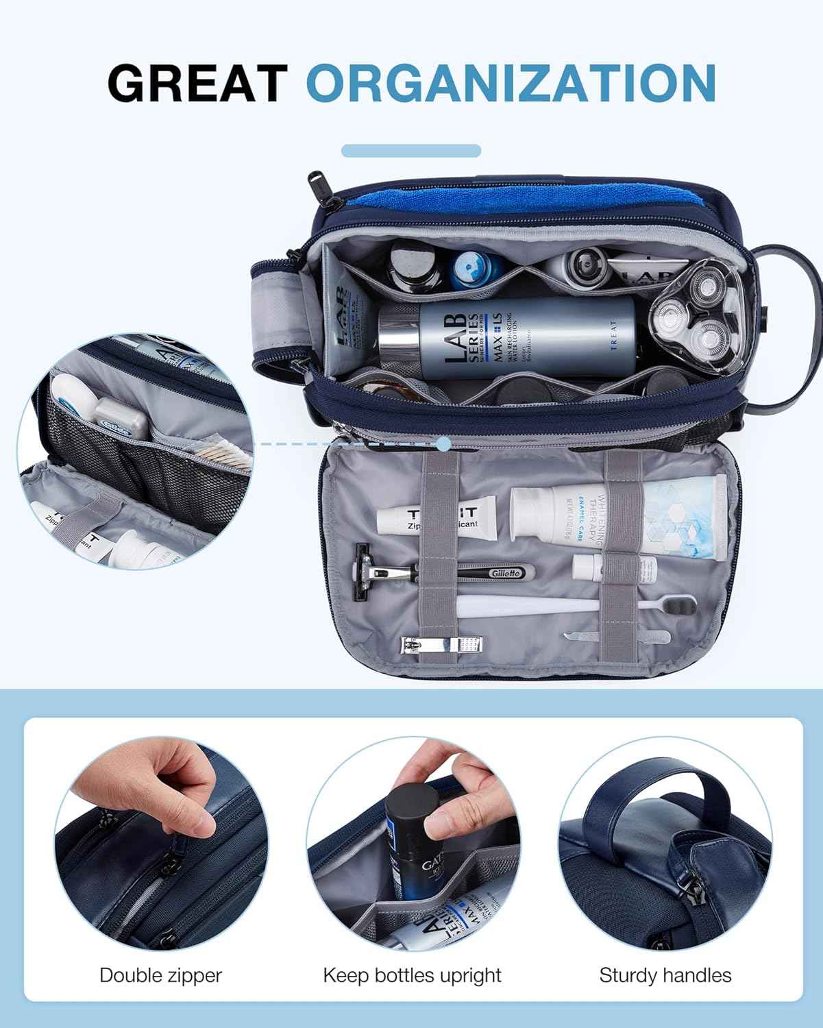 BAGSMART Toiletry Bag for Men, Large Travel Toiletry Organizer, Dopp Kit Water-resistant Shaving Bag for Toiletries Accessories - Nvay Blue