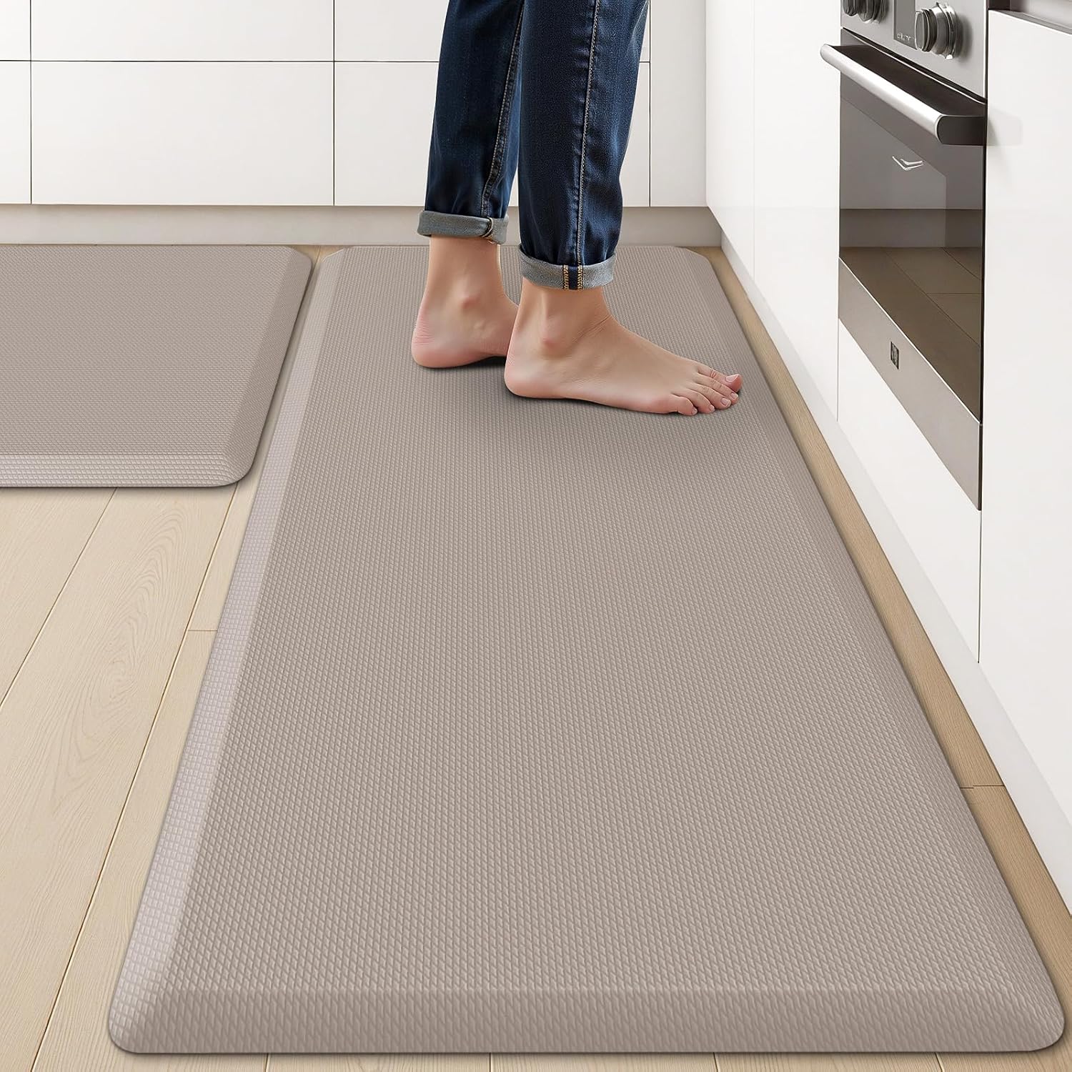 KitchenClouds 2PCS Kitchen Rugs Cushioned Anti-Fatigue Non-Slip Waterproof Kitchen Mat Comfort Foam Standing Mat for Floor Office Sink Laundry (Khaki) - Lumora Desk