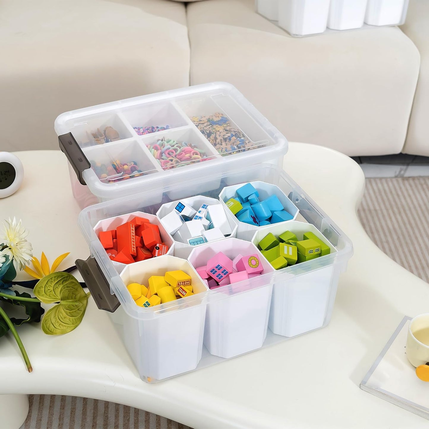Citylife 17 QT Plastic Storage Box with Removable Tray and 6 Detachable Tall Inserts Craft Organizers and Storage Clear Storage Container for Organizing Crayon, Craft, Sewing, Playdoh, 4 Packs