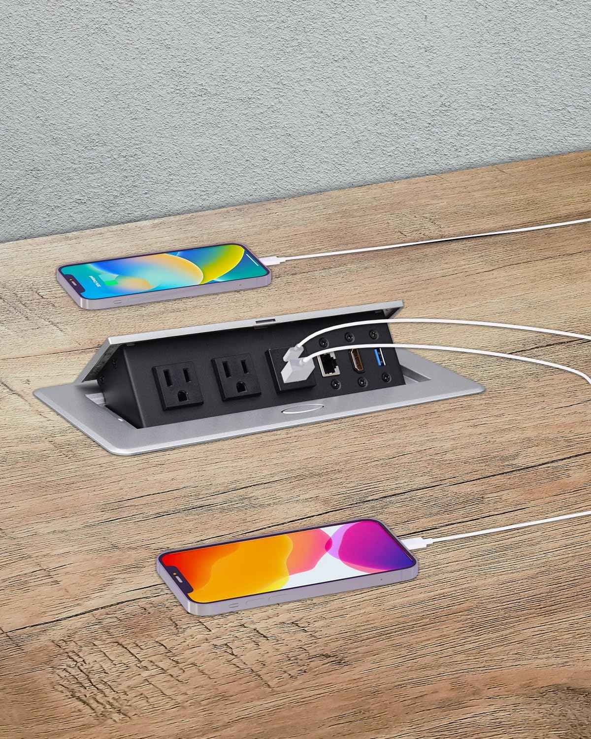 Conference Table Power Hub, Pop up Power Outlet with 20W Type-C PD Fast Charging, HDMI 4K Multiport Office Desk Charging Station for Meetings Workspaces (Silver)